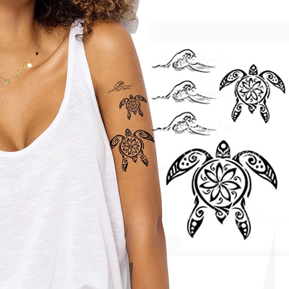 Hawaiian Turtles and Waves Temporary Tattooo Adult Men Women Aztec Polynesian Samoan Fake Temp Tat Luau Fancy Dress Party Black image number 3