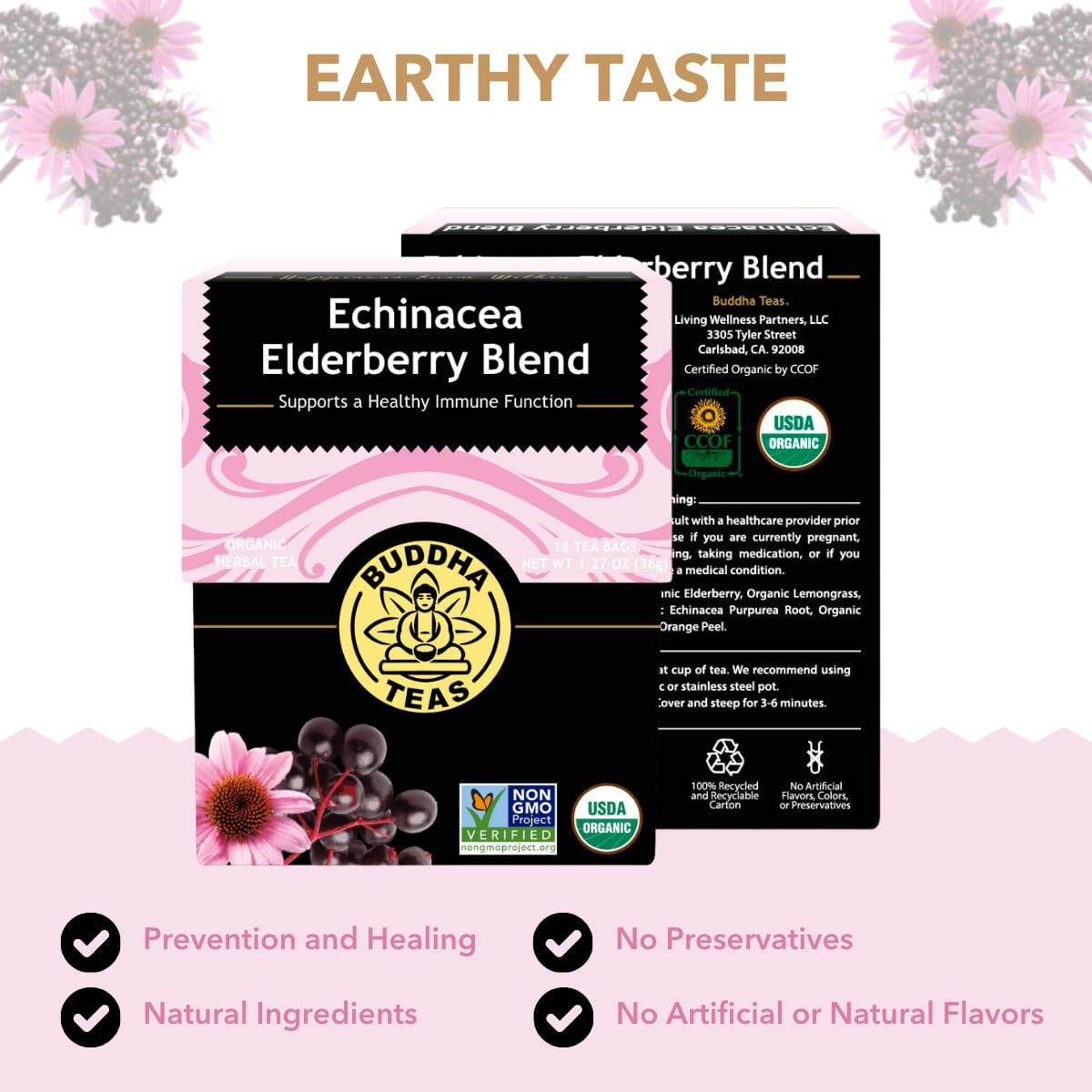 Buddha Teas Organic Echinacea Elderberry Blend Herbal Tea 18 Teabags image number 1
