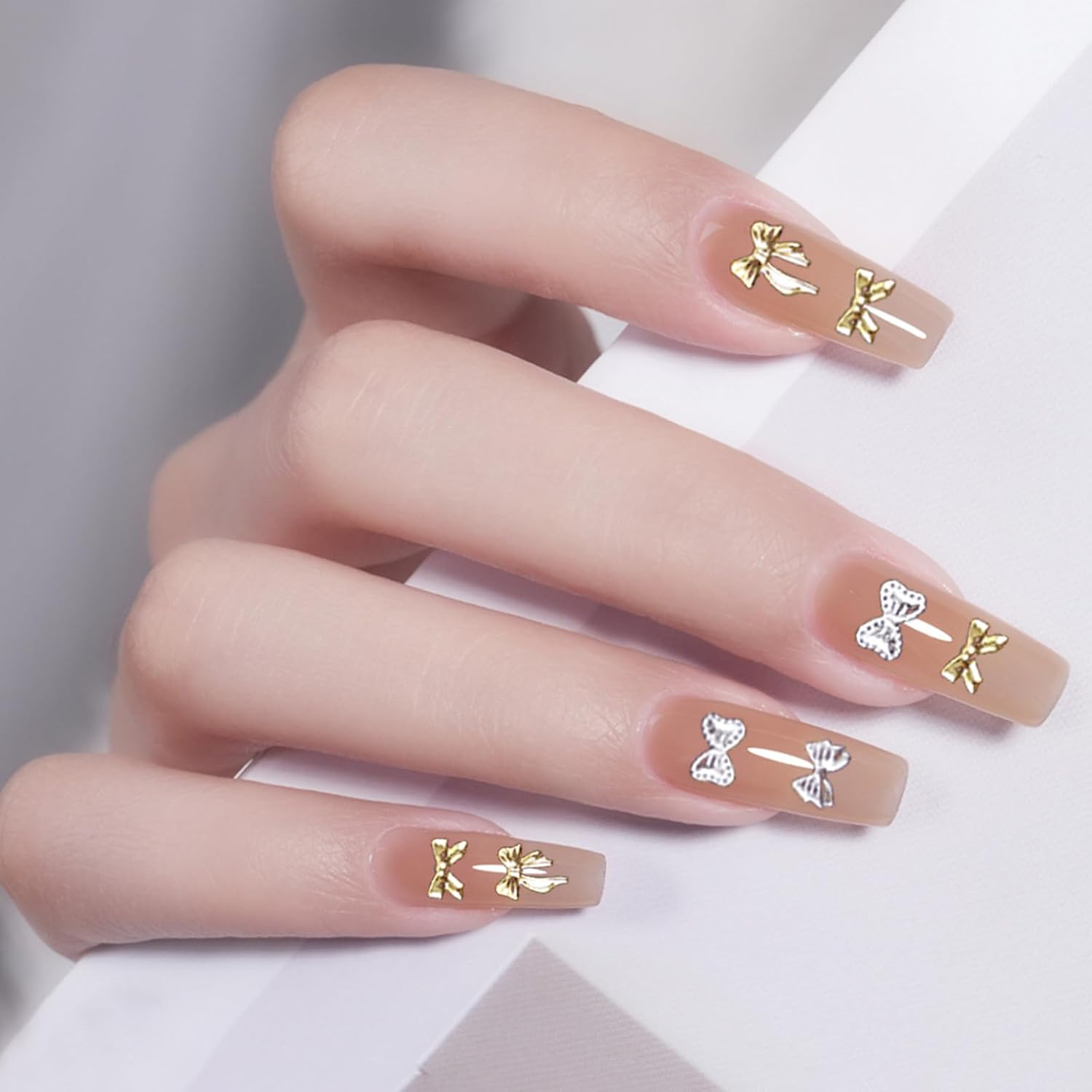2 Pieces Metal Bow Nail Charms Gold Silver Star Bows Nail Charms Rhinestones Metal Nail Art Decoration Tweezers with Curved Tip for Nail Design Accessories image number 2