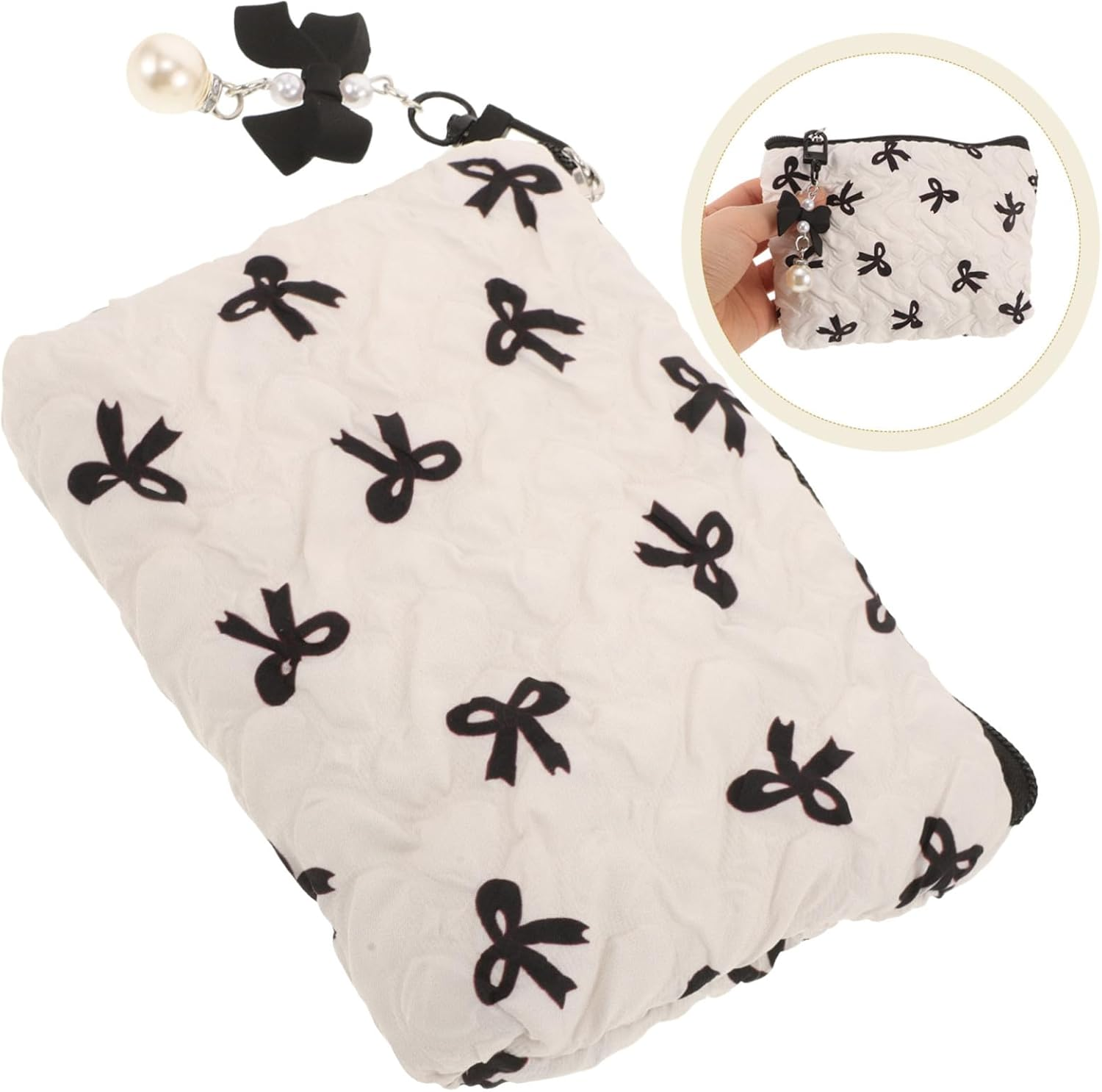 FINISPERSOO Embossed Bow Small Makeup Bag with Wrinkle Design, Portable Cosmetic Organizer Pouch for Women, Cute Toiletries Holder for Travel and Daily Use, Black Bow Detail image number 1