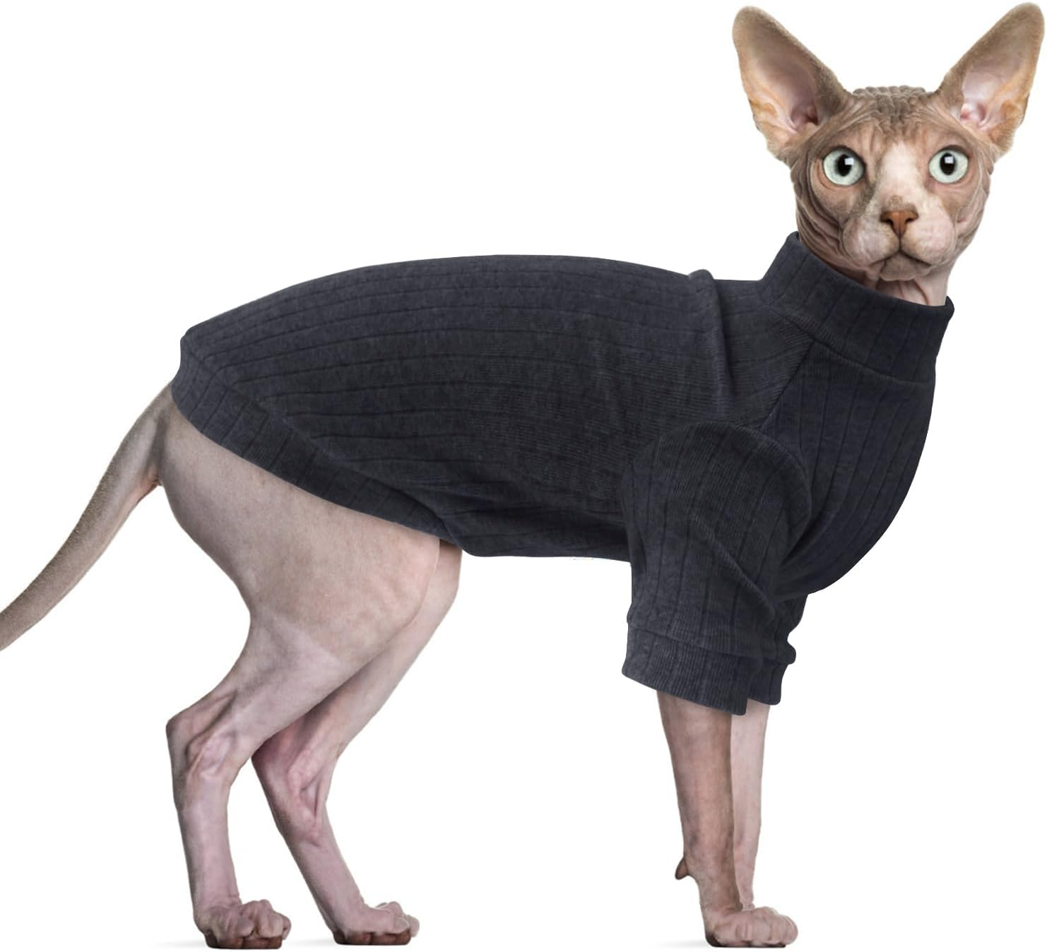Oslueidy Sphynx Cat Clothes, Hairless Cat Vest Turtleneck Sweater, Kitten Puppy Pullover Shirt with Sleeves, Cat Pajamas Jumper for Sphynx, Cornish Rex, Devon Rex, Peterbald (Grey, XS)
