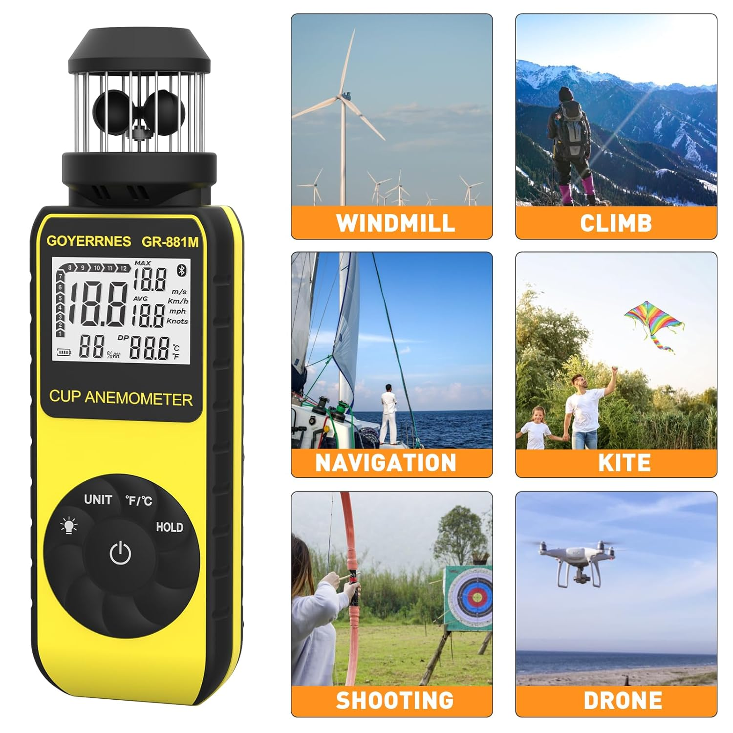 Handheld Cup Anemometer with Compass, 93MPH Digital Wind Speed Meter, CFM Air Flow Wind Velocity Measuring Device Gauges for Outdoor Sailing Surfing Drone Flying HVAC - Yellow image number 6