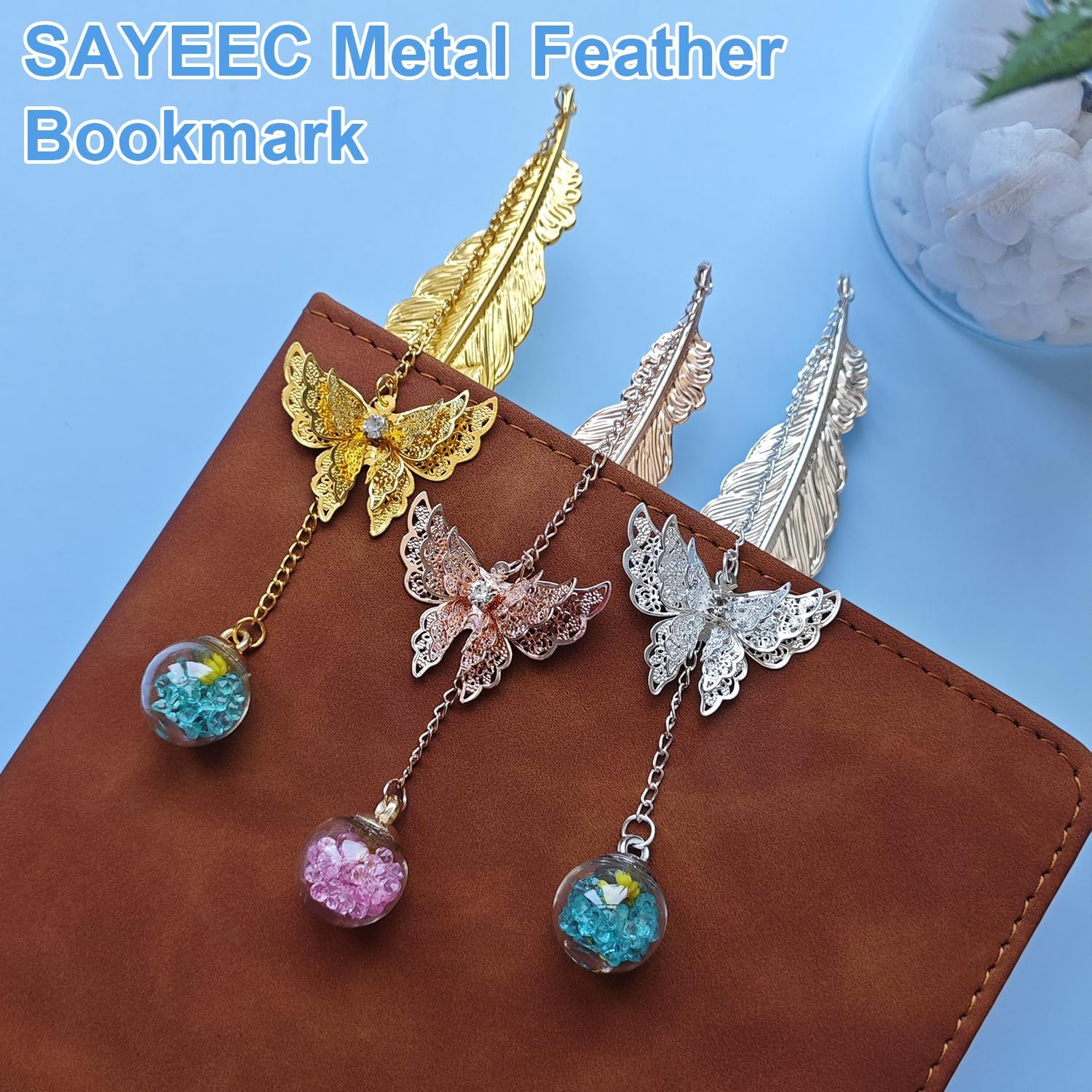 COZY CORE Metal Feather Butterfly Bookmark,3D Butterfly Pendant Bookmarks, Vintage Metal Feather Bookmark - Silver Feather image number 4