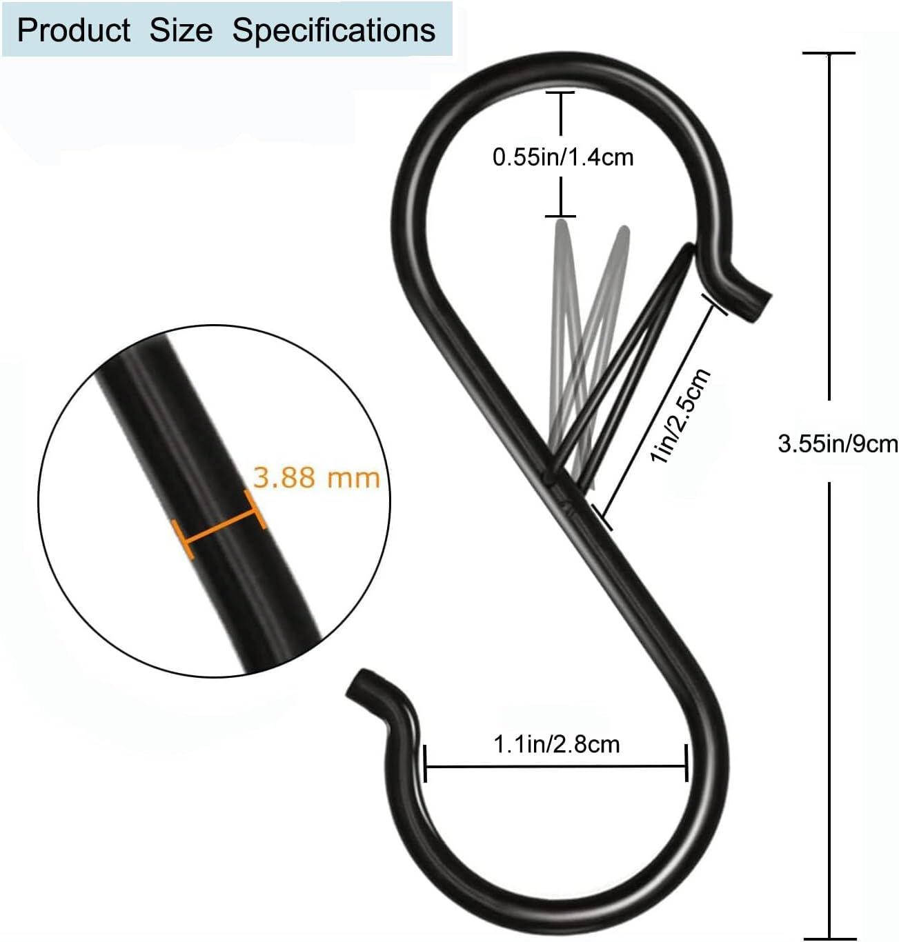 Aieve 10-Pack S Hooks with Safety Buckle, 3.5 Inch Heavy Duty S Hooks for Kitchen, Bathroom, Courtyard - Hanging Plants, Clothes, Pots and Pans, Bathing Utensils, Bags (Black) image number 5