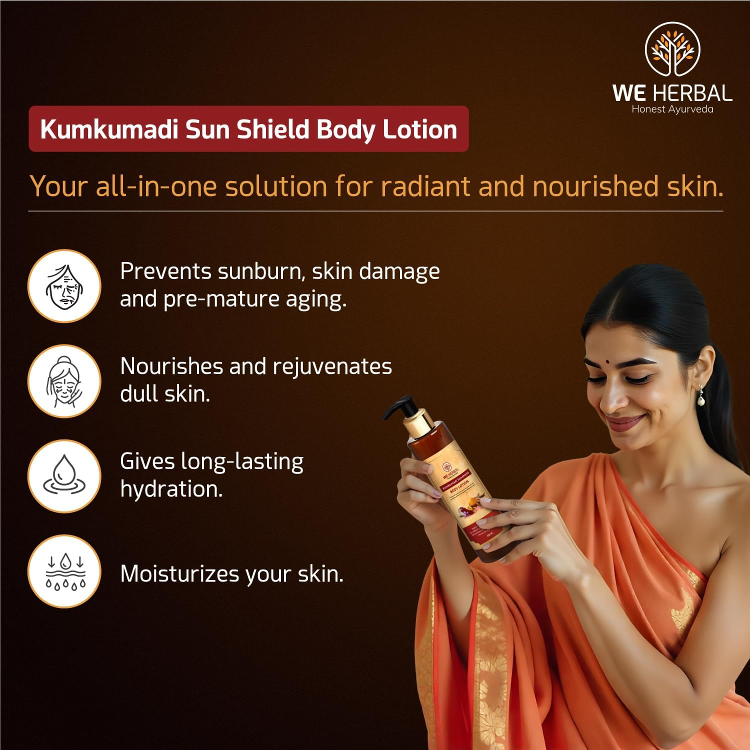 We Herbal Kumkumadi Sunshield Body Lotion | Ayurvedic Sunscreen & Deep Moisturiser with Rosehip, Almond & Carrot Extract | Non-Greasy | No Harsh Chemicals | 180Ml image number 4