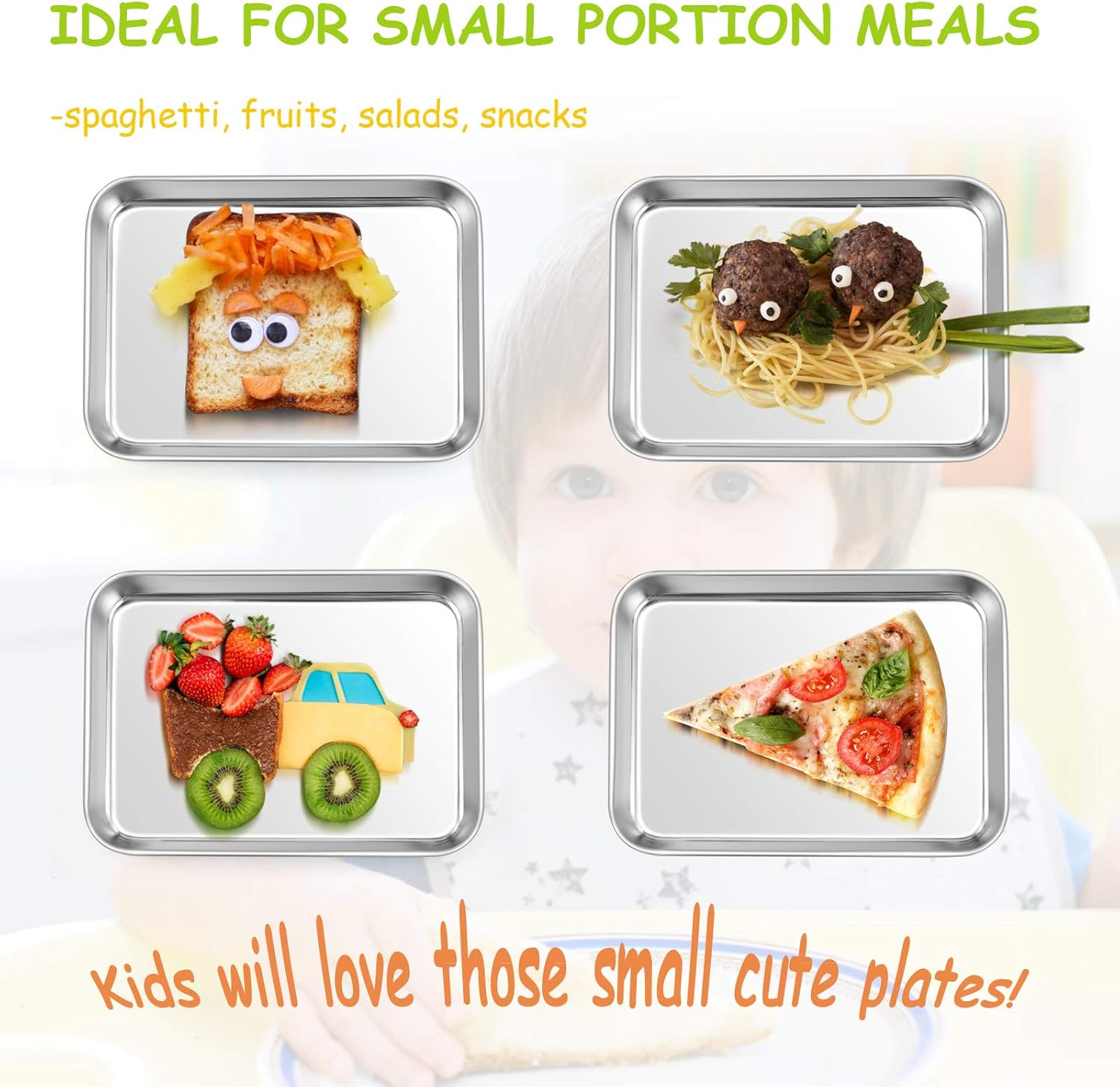 E-Far Stainless Steel Kids Plates, 4 Pieces Mini Metal Dinner Dish Set for Kids Toddler Child, 7.3&rdquo; X 5.3&rdquo; X 0.75&rdquo;, Non-Toxic & Dishwasher Safe, Great for Self-Feeding/Picnic/Outdoor Camping image number 5