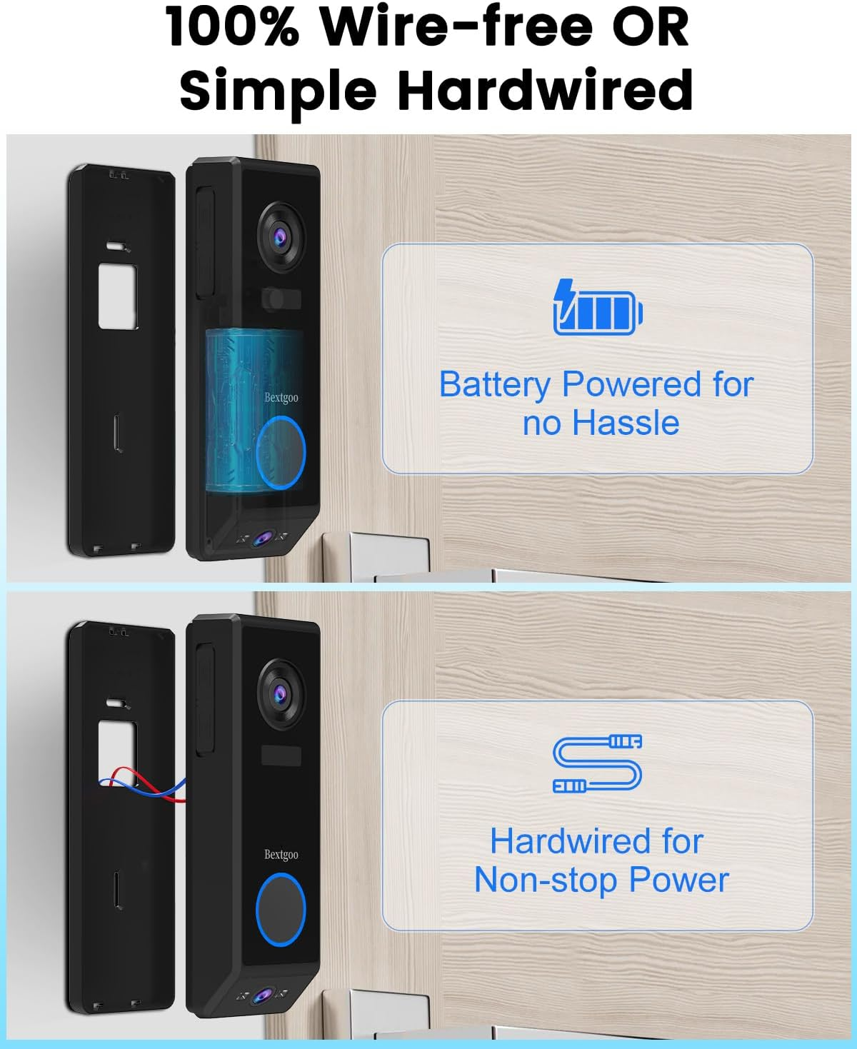 Dual-Lens Doorbell Camera Wireless, Bextgoo 2K Video Doorbell with 10000Mah Battery, Dual Security Cameras for AI Motion Detection Alerts, 170&deg; Wide View, Cable or Battery Operated, Night Vision, IP67 image number 6