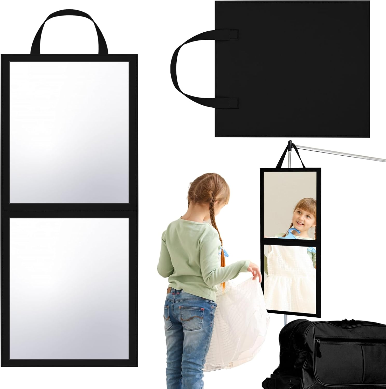 Glikceil Foldable Portable Full Length Mirror for Dorm Dance Backstage Camping Travel Hanging Folding Makeup Body Mirror for Dancers Artists Home Aestheticians Spa(Black,25.6" X 12")