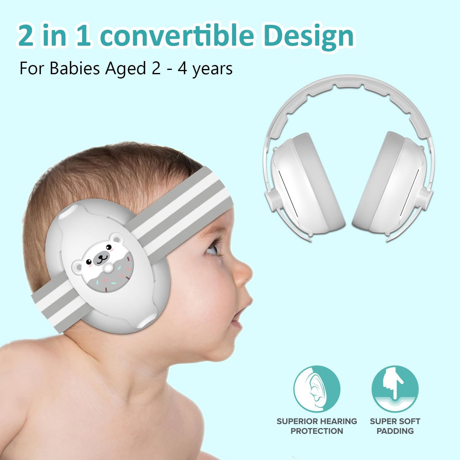 2-In-1 Baby Ear Muffs Noise Protection - Baby Headphones for Noise & Plane Travel - 2 Headbands - Toddler Ear Protection for Infant & Toddler Travel Essential, Age 1-48 Months image number 2