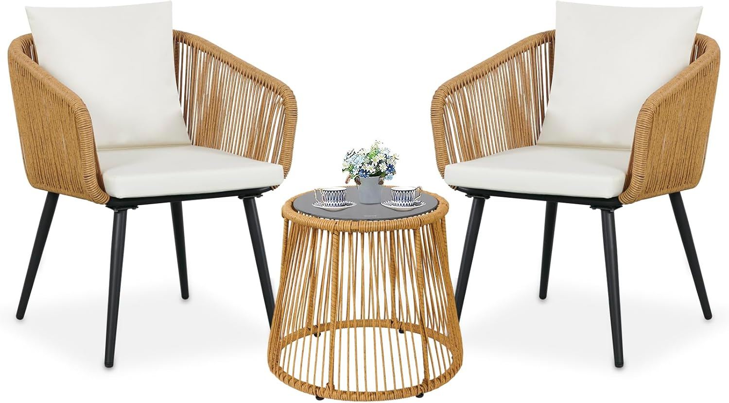 YIYAN 3-Piece Patio Bistro Set with Folding Rattan Chairs and round Table - Small Outdoor Furniture for Balcony image number 4