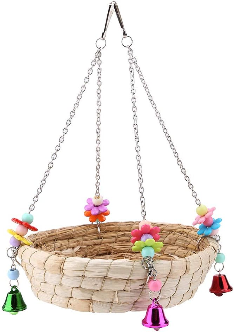 Bird Nest Bed Straw Nest Natural Hand-Woven Straw Nest Bed Swing Toy with 4 Metal Bells Toy for Budgies Cockatiels Parrots Parakeets Cage Toy image number 2