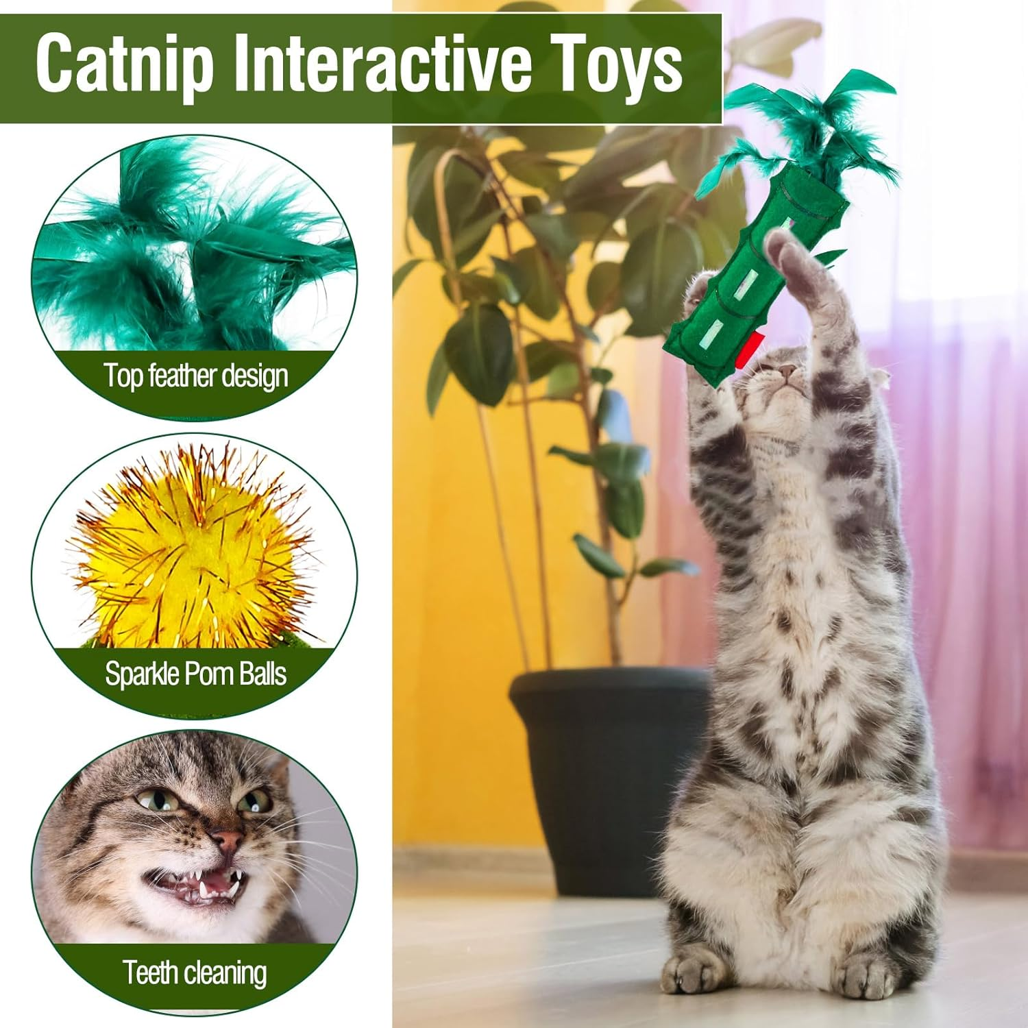 Catnip Toy,3Pcs Cat Chew Toys,Bite Resistant Catnip Toys with Soft PP Cotton and Crinkle Paper Inside,Interactive Cat Feather Toy for Indoor Cats and Kitten image number 1