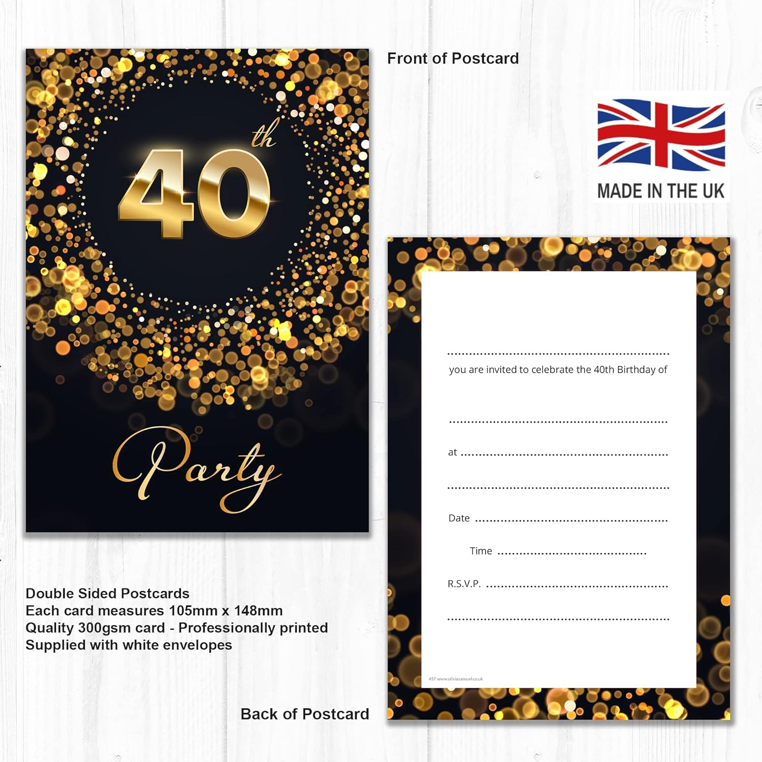 Olivia Samuel 20 X 40Th Birthday Party Invitations with Envelopes - Ready to Write - Black and Gold Effect - Designed and Printed in the UK image number 4