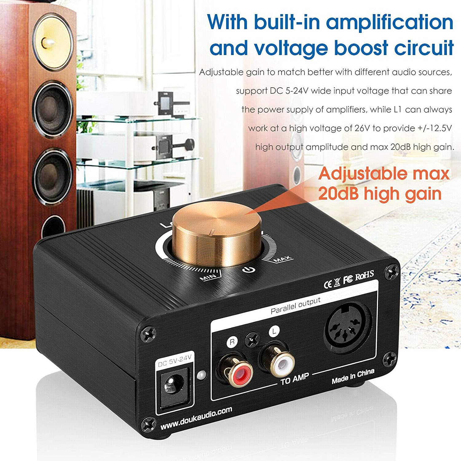 Douk Audio L1 Mini Stereo Line Level Booster Amplifier Audio Preamp with 20Db Gain and Volume Control