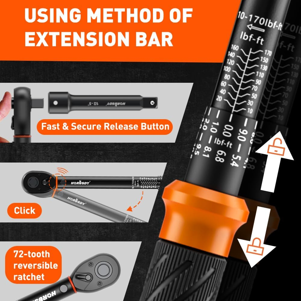 HORUSDY 1/2" Drive Click Torque Wrench Set, 13.6&ndash;230.5 Nm / 10&ndash;170 Ft-Lb, Dual Scale, &plusmn;3% Accuracy, Reversible Ratchet with Extension Bar & Adapter &ndash; Heavy Duty for Automotive & Mechanical Use