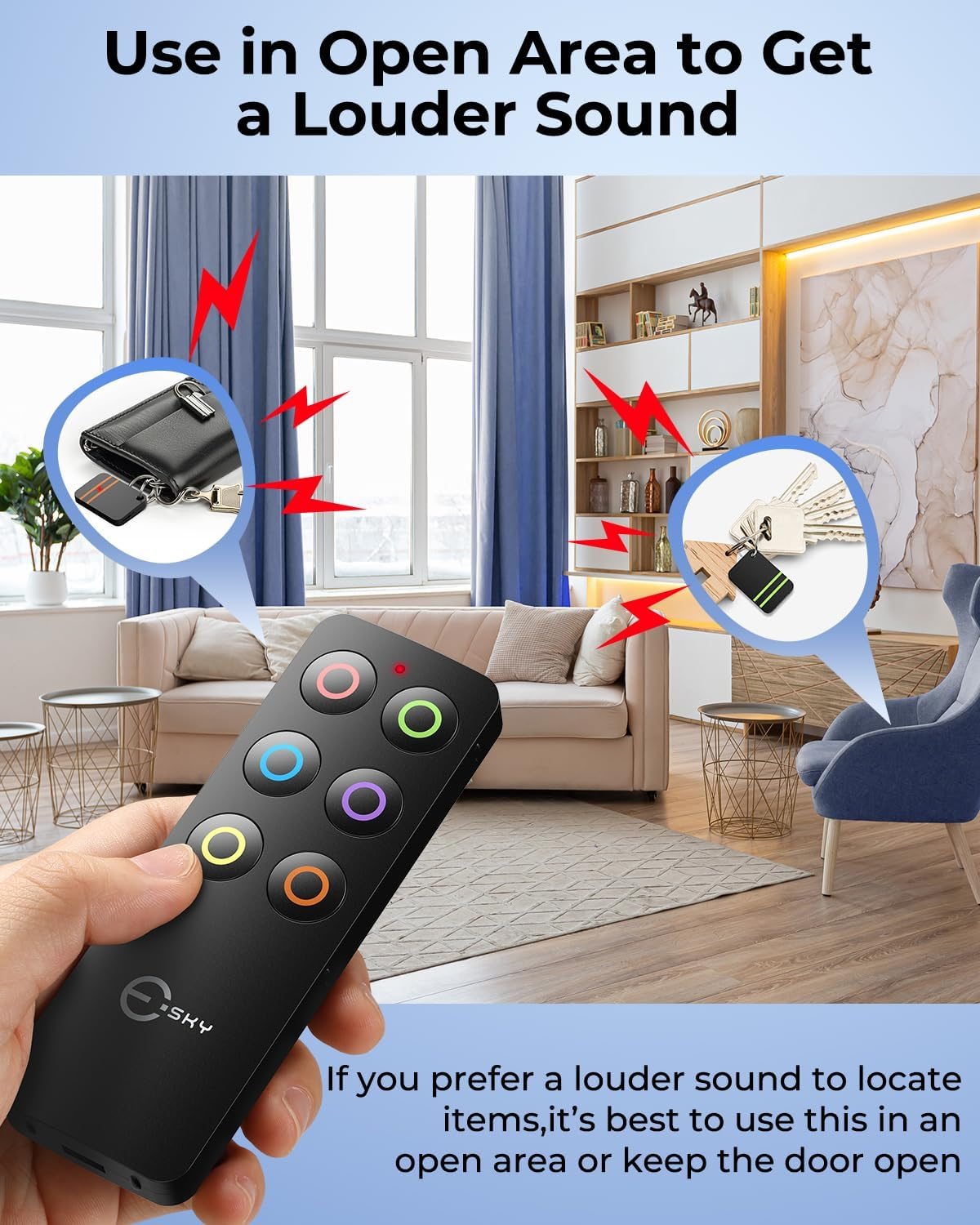 Esky Key Finder Locator with Sound, Stick-On TV Remote Control Finder and Item Locator Tags with 85Db Noise Sound 6 Receivers, Wallet Tracker Key Finders for Finding Keys, Remote, Pet, Phone image number 3