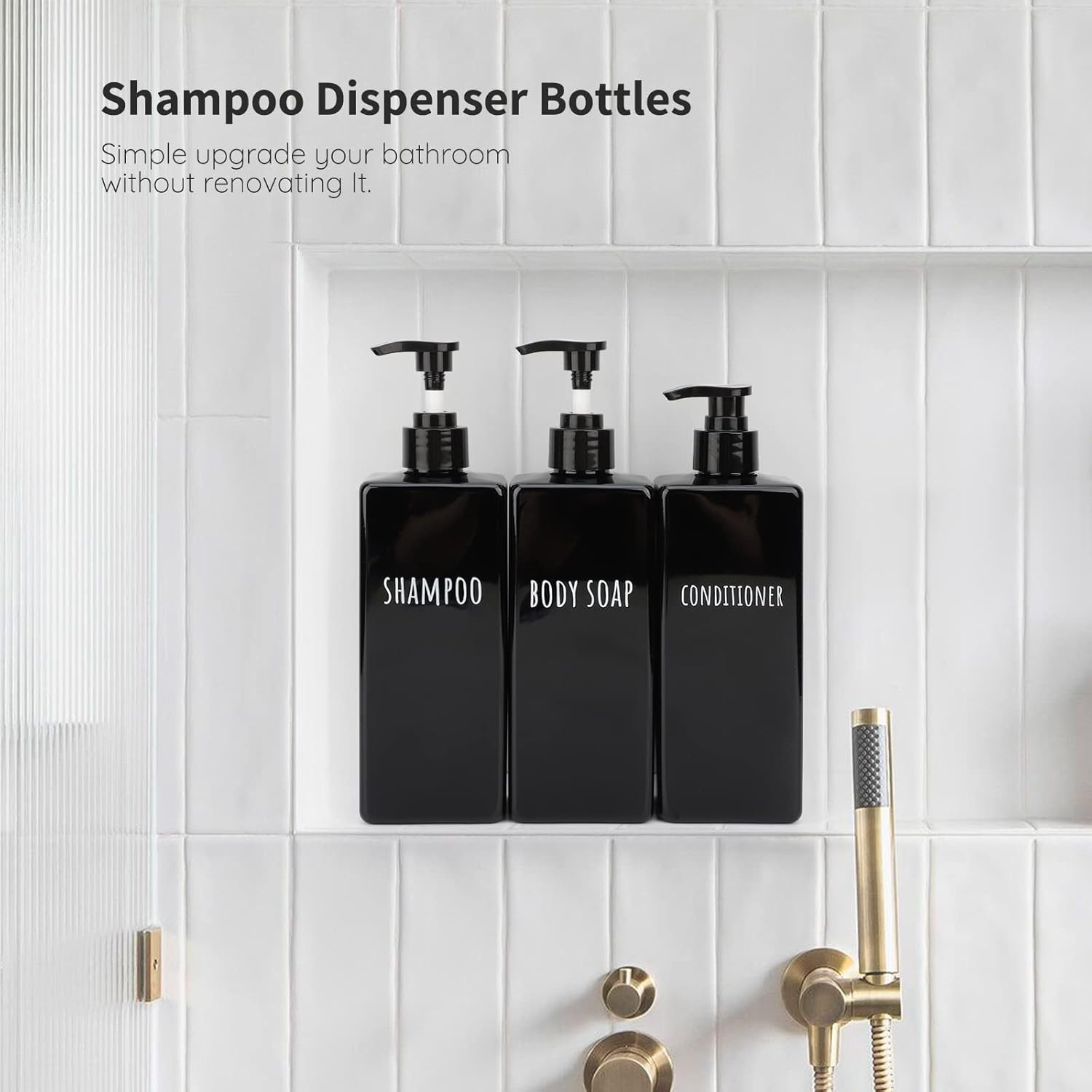 Segbeauty Square Soap Dispenser Black, 3Pcs 16.9Oz Refillable Shampoo & Conditioner Bottles, 500Ml Empty Reusable Plastic Pump Bottle Bathroom Shower Set for Body Wash Liquid Gel Lotion (SBFBA160931) image number 5