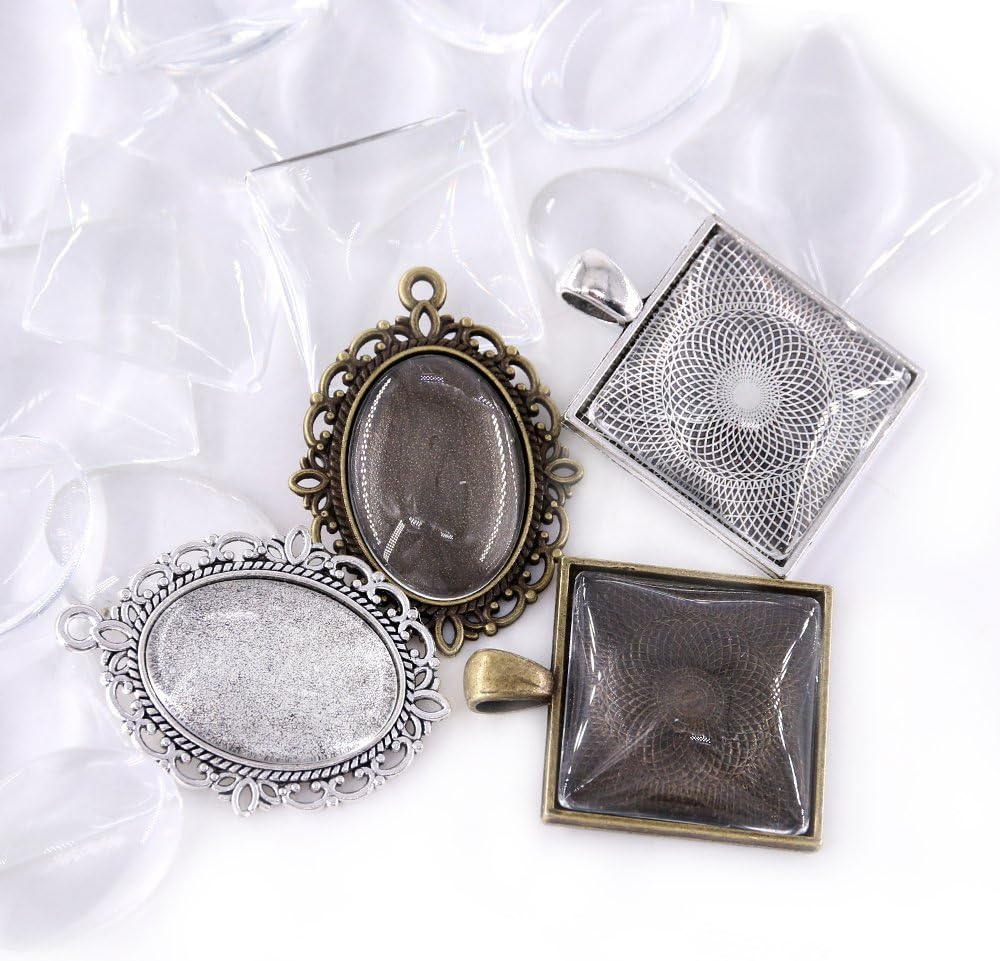 Glarks 48-Pieces Oval and Square Pendant Trays with Glass Cabochon Dome Tiles Clear Cameo for Crafting DIY Jewelry Making, 24 Sets