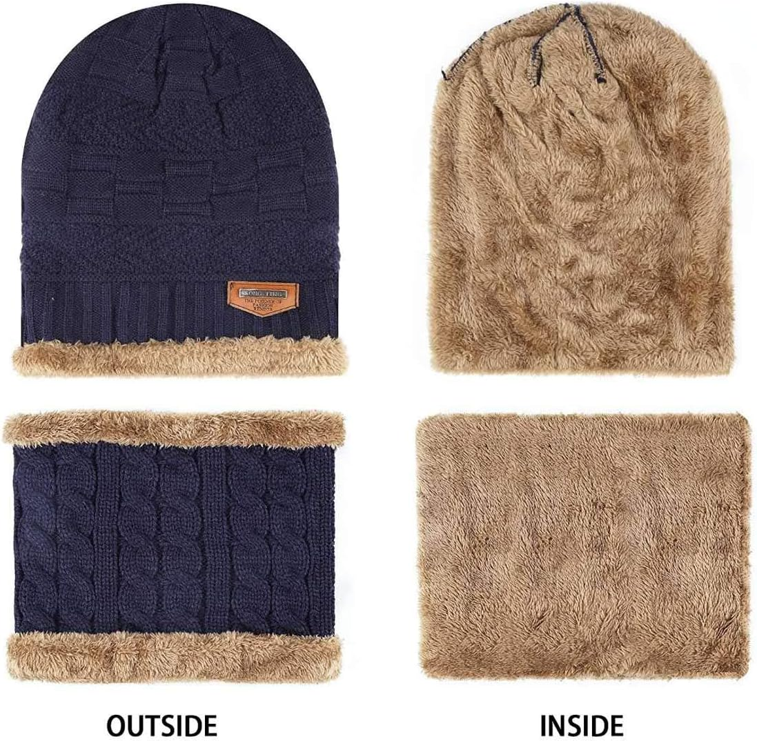 Aufondof 3 Pack Winter Knit Beanie Scarf Gloves Set for Men Thick Warm Sets Knitted Scarf Beanie Hat Touchscreen Gloves Neck Warmer with Fleece Lining