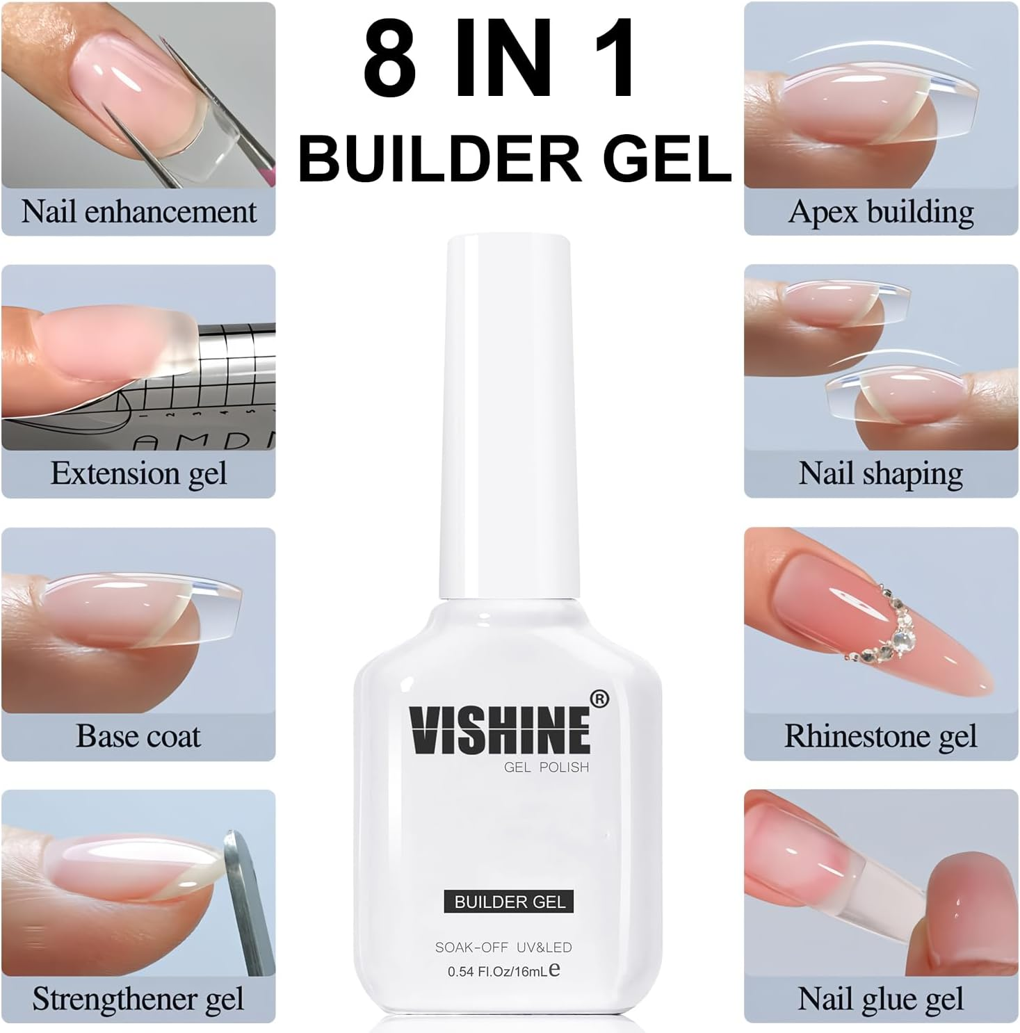 Vishine Builder Nail Gel 8-In-1 Clear Color for Nail Apex and Extension Strengthener, Nail Thickening Hard Gel Base Rhinestone Nail Glue Base in a Bottle H021