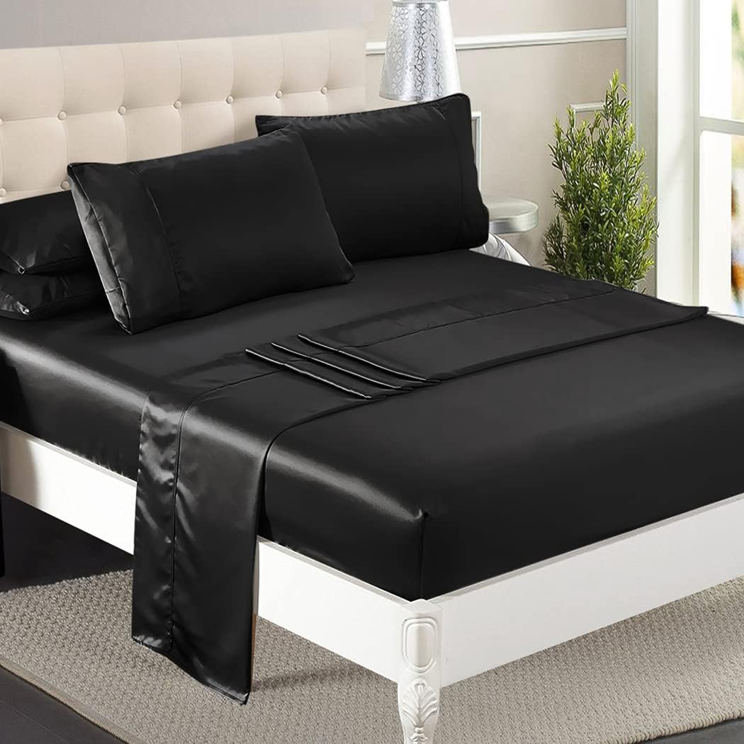 Dreamz Silky Satin Sheets Fitted Flat Bed Sheet Pillowcases Summer Double Black image number 5