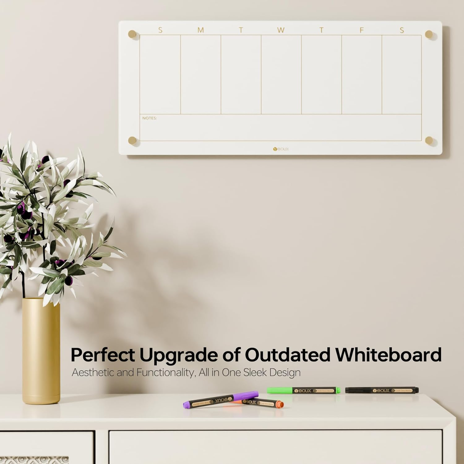 Glass Golden Weekly Dry Erase Calendar White Board for Wall, to Do List & 7 Days Planner Whiteboard for Home Office, 58.6X24Cm, 4 Markers Included, Yeoux image number 2