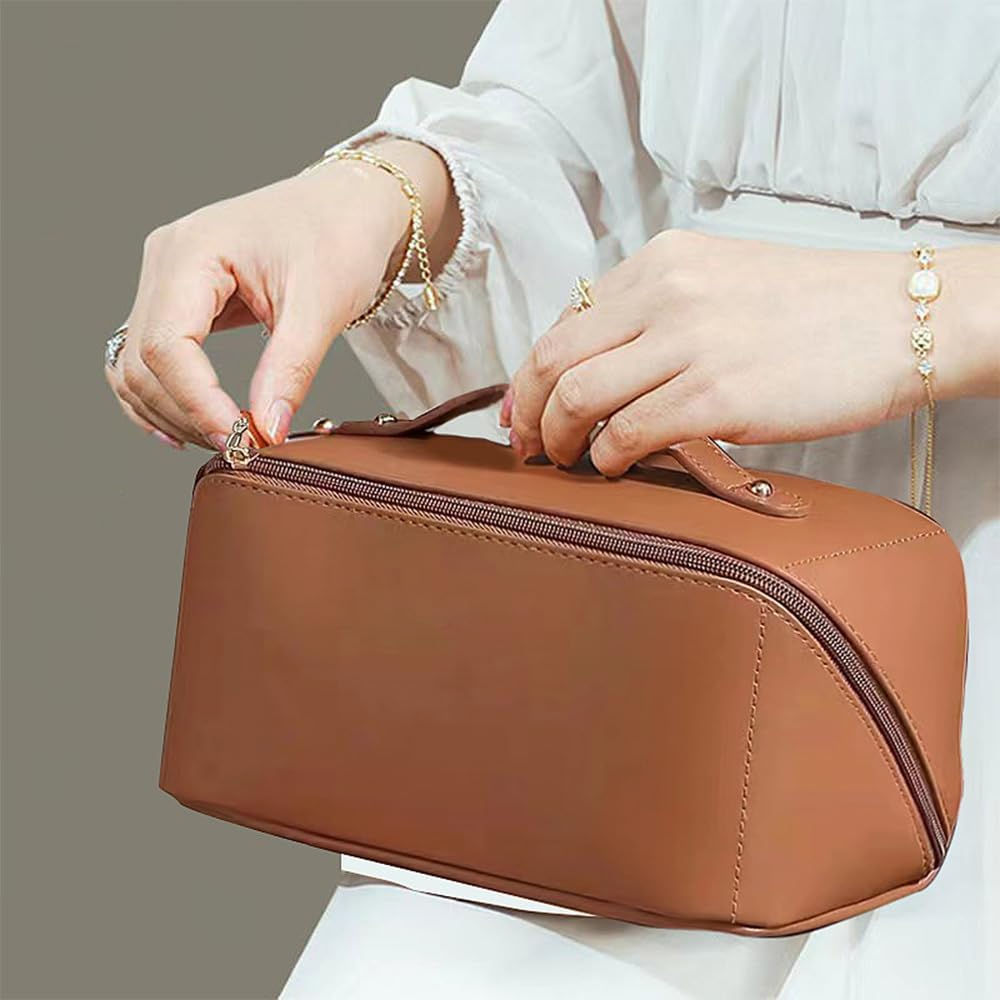 Cosmetic Bag, Large Capacity PU Waterproof Storage Makeup Bag,Open Flat Toiletry Bag Makeup Organizer,Women Portable Travel Makeup Bag with Handle Skin Care Cosmetics Toiletries - Brown image number 4