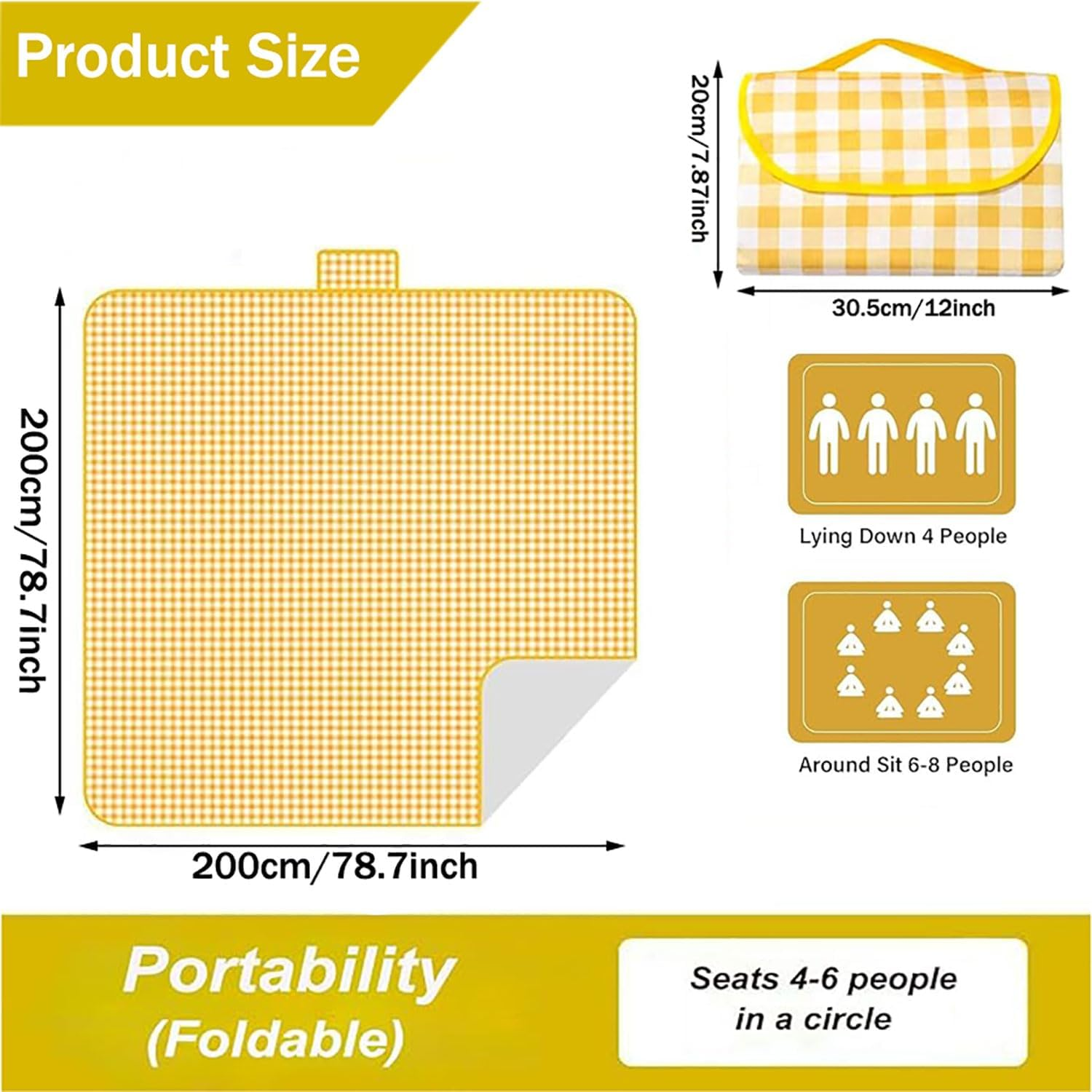 Yqkangzhu Extra Large Outdoor Picnic Blanket, 79'' * 79'' Foldable Beach Blanket, Sandproof Picnic Rug, Camping Carpet, Portable Picnic Mat, Waterproof Sand Mat for Travel, Holiday Party, Park Lawn