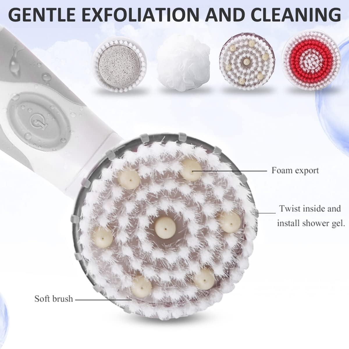Electric Body Brush, Long Handled Body Scrubber with 4 Brush Heads, Waterproof Soft Silicone Exfoliating Spin Brush Massage Bath Brush, Battery Powered Back Shower Brush & Facial Cleansing Brush