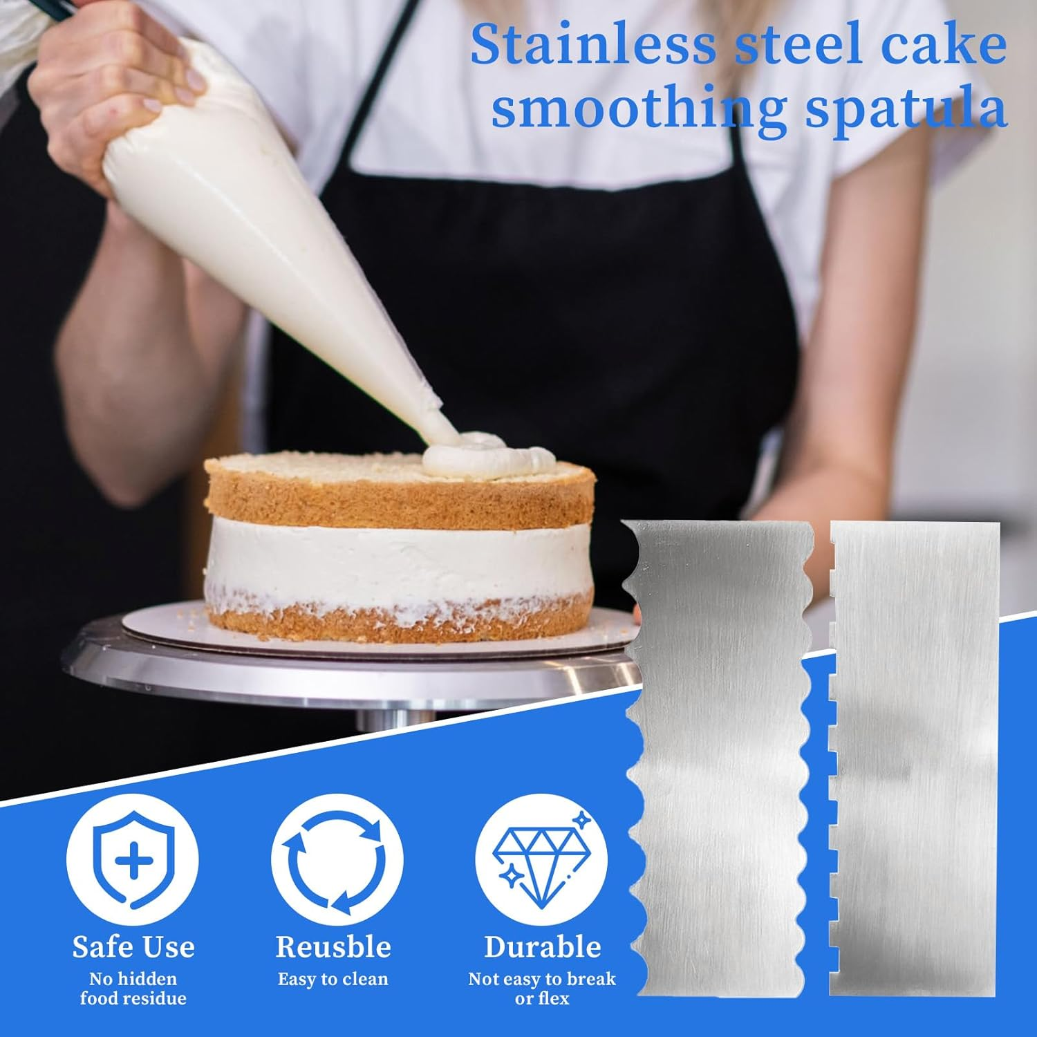 2Pcs Stainless Steel Cake Scraper with Sided Patterned Edge Stripe Edge, Pastry Baking Smoother Scraper Cake Decorating Tools for Mousse Butter Cream Cake image number 2