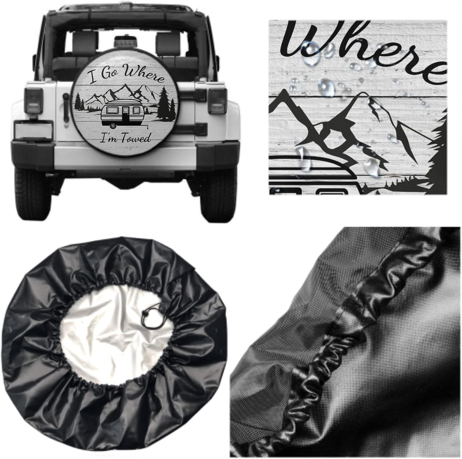 I Go Where I'M Towed Spare Tire Cover Waterproof Dust-Proof Universal 14 Inch Wheel Protectors Camper Spare Tire Cover Fit for RV Trailer Truck Jeep SUV Rav4 Motorhome Travel Trailer Accessories image number 4