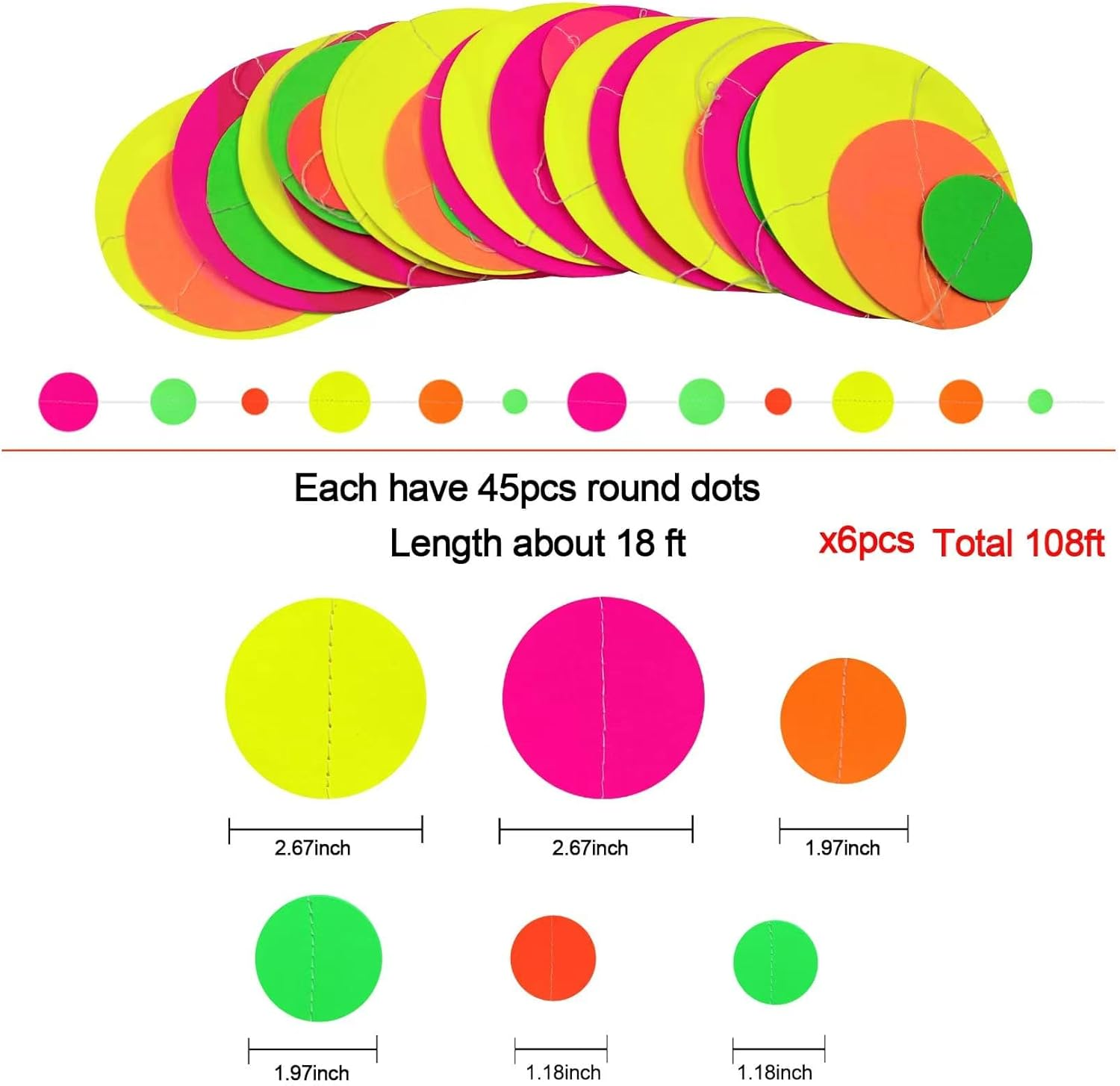 108Feet Paper UV round Dot Neon Garland Blacklight Reactive Glow in the Dark Party Supplies Streamers Glow Fluorescent Hanging Circle Dots Banners for Wedding Birthday Neon Party Decorations - Round Dot image number 3