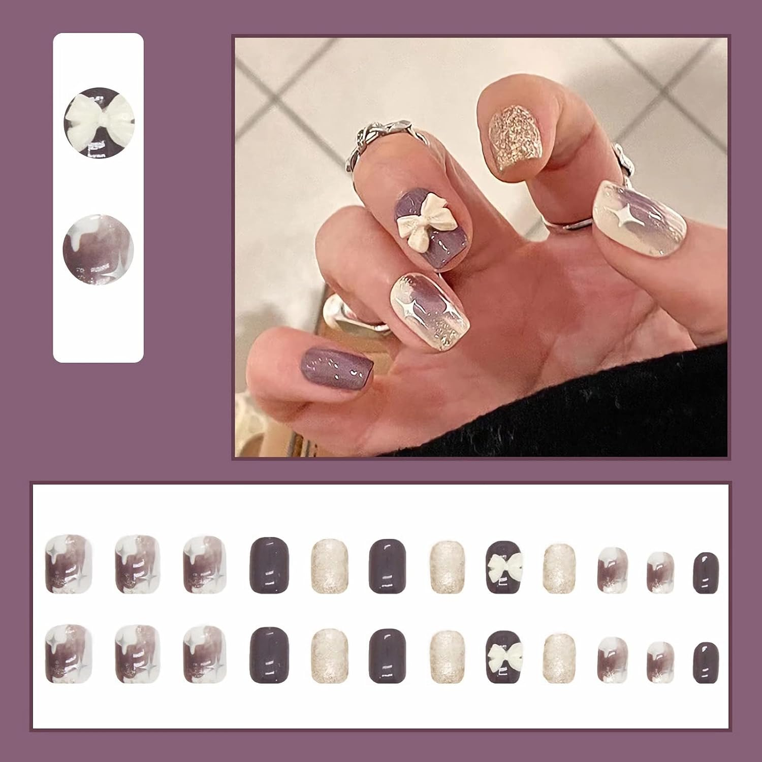 RYUUSEI Short Square Press on Nails, Fake Nails with White Gold Purple with Bow, Stick on Nails, Cute Fake Nails Full Cover Acrylic False Nails French Acrylic Nails Press on for Women Girls DIY Nail Manicure image number 1