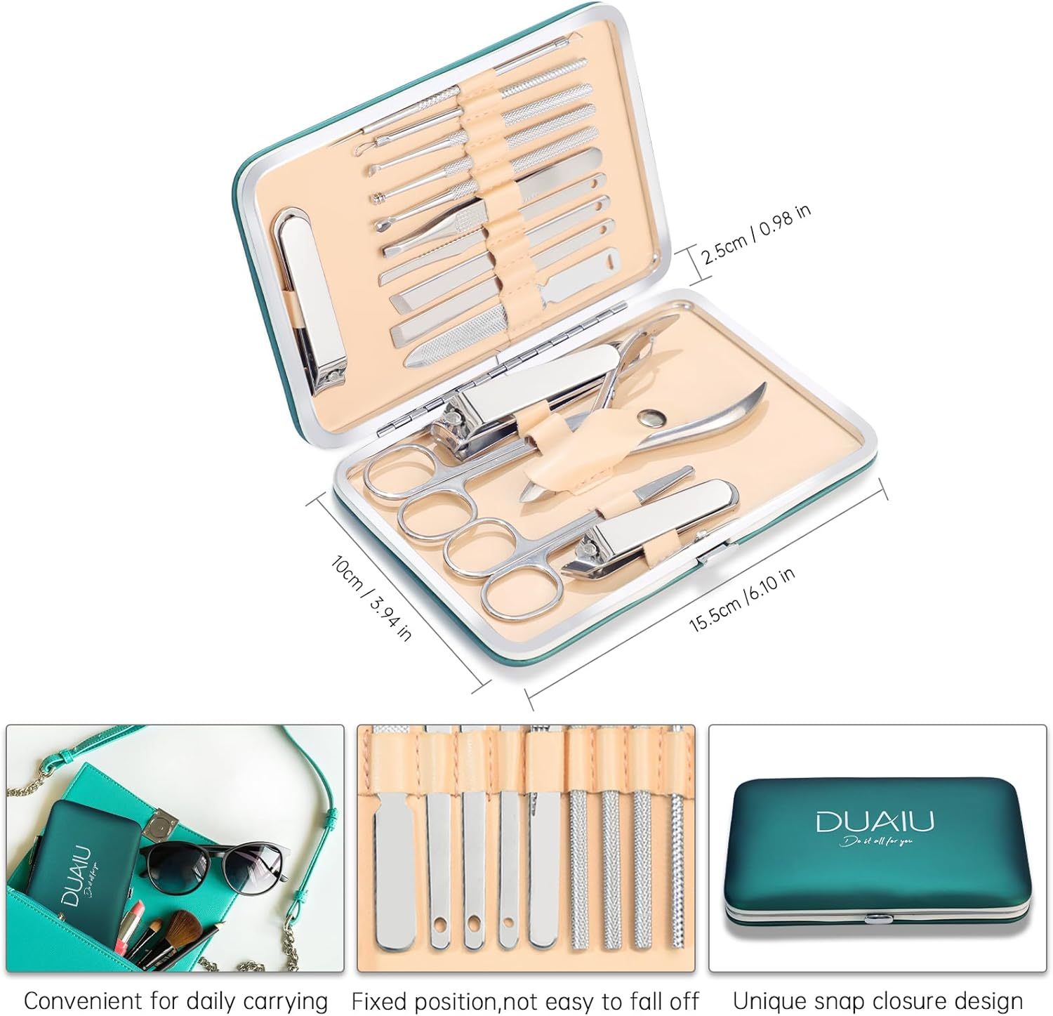DUAIU Manicure Set, 16-Piece Nail Clippers Set, Professional Stainless Steel Manicure Pedicure Set, Nail Care Set, Women and Men, Nail Case, Fingernail Care Set for Travel image number 4