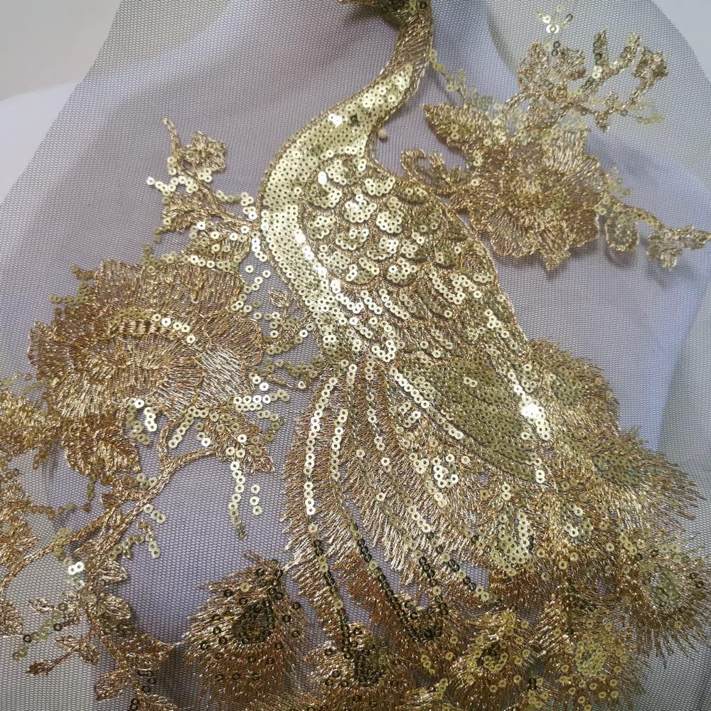 1Pce Bright Color Embroidered Peacock Sewing Patches(23.5" X 13.4") (Gold Color) - Gold image number 5