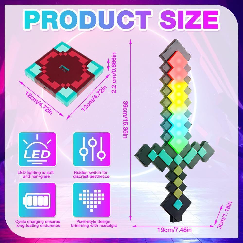 SGZIOO Diamond Sword Lamp Carft, 13 Night Light Lamp for Gaming with Sword Aura Sound Effects, Diamond Sword Toy, USB Rechargeable for Bedside Lamp with Base, DIY Gifts for Children image number 3