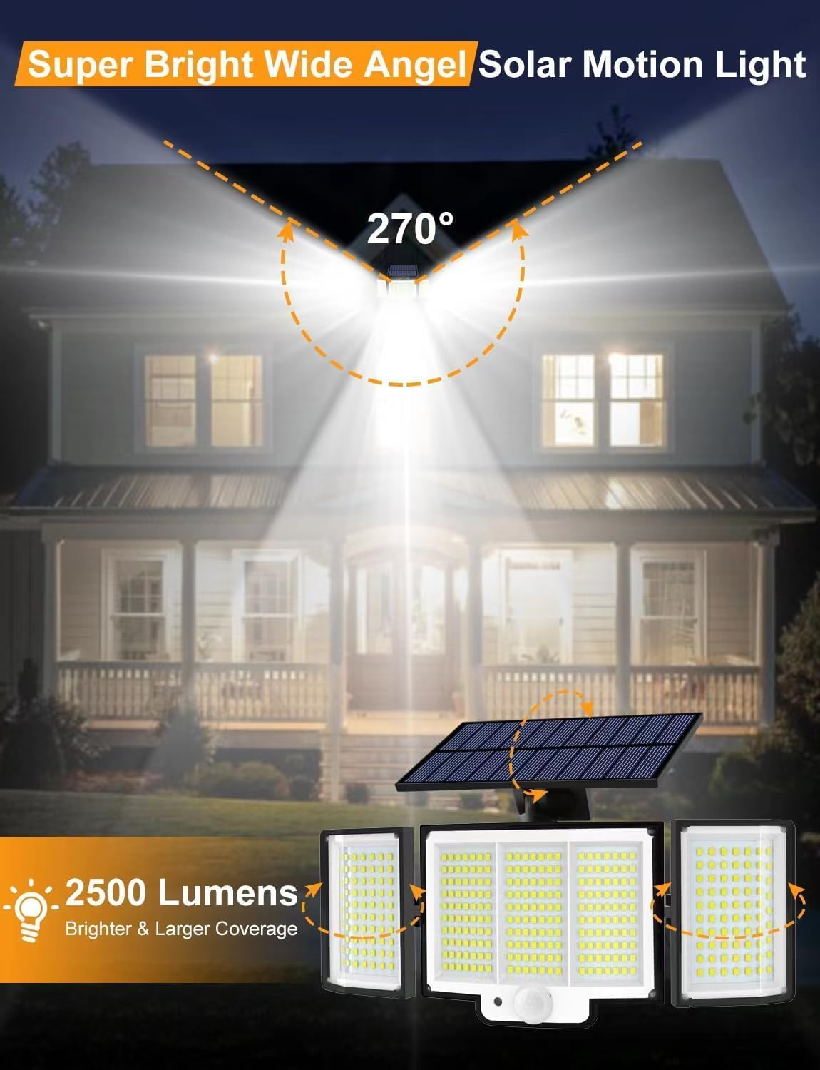 YACAISI Solar Lights Outdoor, LED 2500LM Solar Motion Sensor Flood Outdoor Lights with Remote Control, 3 Heads Lp65 Waterproof Flood Security Lights for Dusk to Dawn Yard Garage Patio Wall image number 2