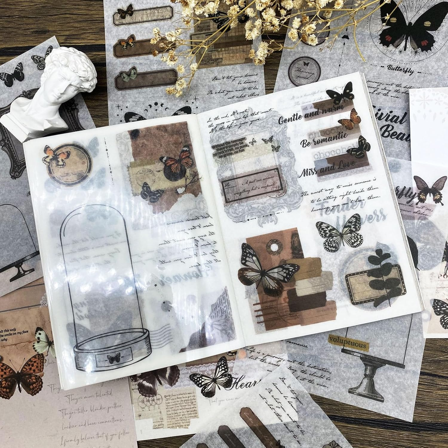 Sticker Book for Adults, 180Pcs Vintage Washi Stickers for Journaling and 20 Sheets Adhesive Scrapbook Papers for Scrapbooking Aesthetic Butterfly Scrapboook Stickers for Bullet Junk Journal Supplies - Coffee Weekly image number 7