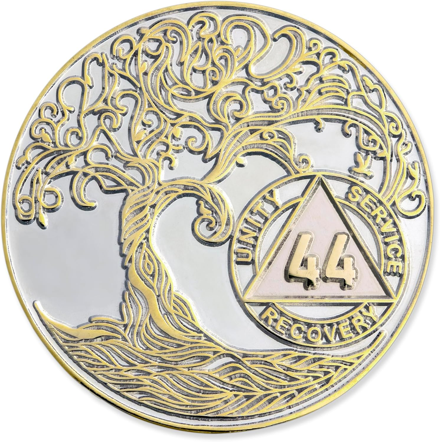 7 Year XL 40Mm Nickel & Gold Plated AA Coin - Sobriety Mint Twisted Tree of Life Recovery Medallion/Chip - Silver/Gold image number 2