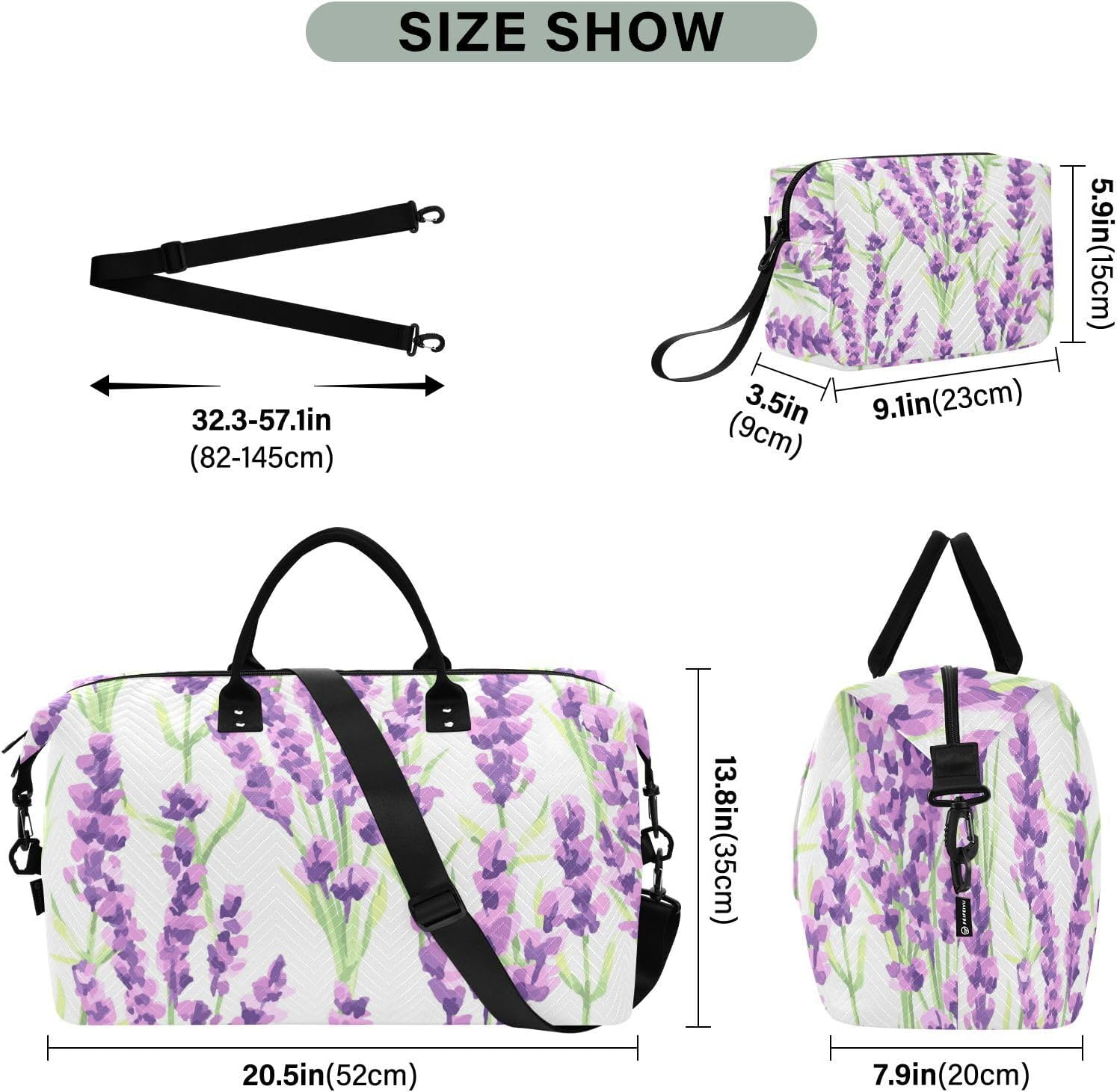 Duffel Bag Shoulder Weekender Overnight Bag Purple Lavender Flowers Gym Duffel Bag with Adjustable Strap for Sports, Purple Lavender Flowers, Set of 2, Art Deco