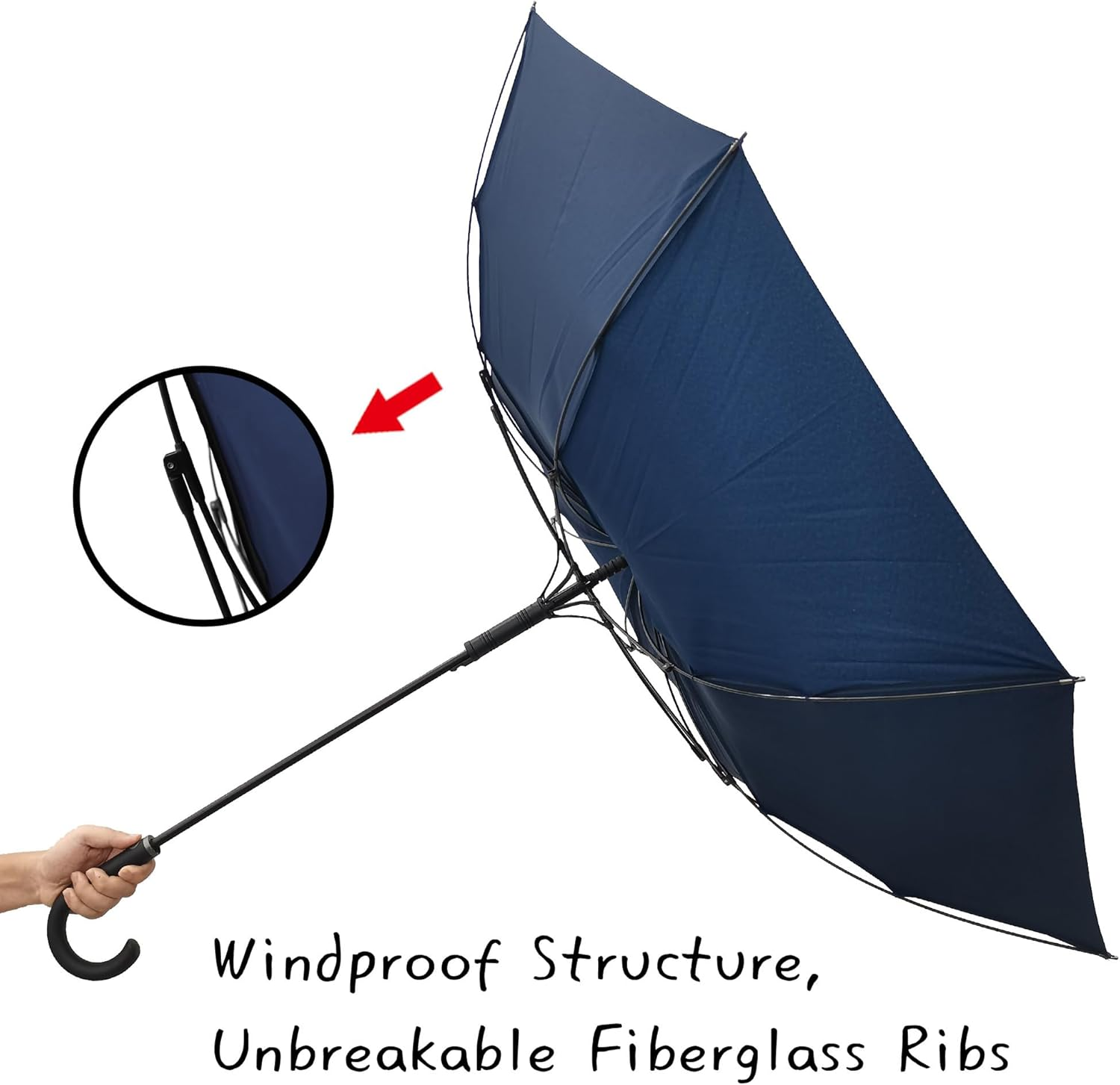 Large Stick Umbrella Windproof Automatic Open 50 Inch Umbrella with Hook Handle,Over Sized J Handle Umbrellas for Men and Women,Windproof Unbreakable Stick Rain Golf Umbrella. - Black image number 7