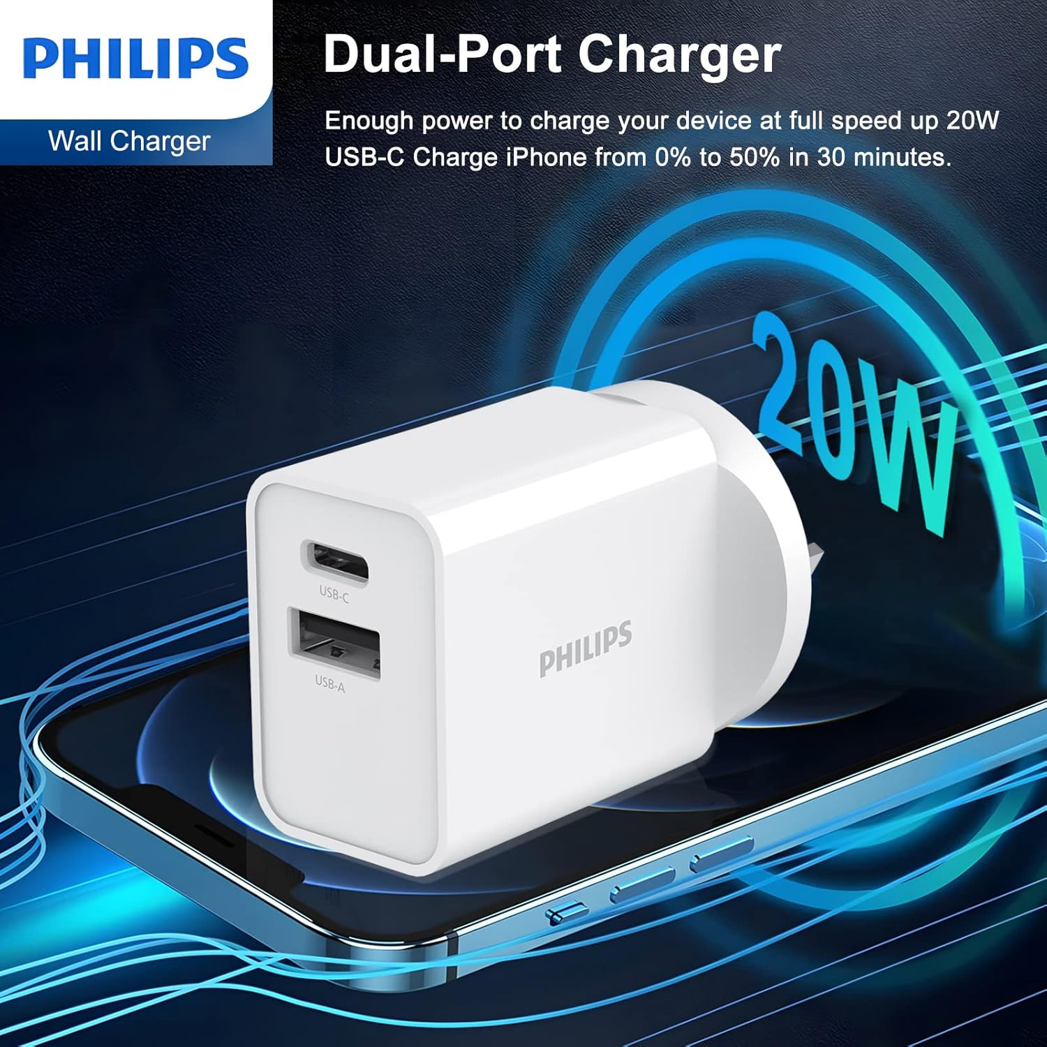 Philips USB a + USB C Wall Charger Adapter Plug 20W Dual Port Fast Charging |Safety | SAA Approved| Australia Standard| Compatible with Iphone 16/15/14/13/Pro/Pro Max| Ipad (White, 20W with C Cable) image number 3