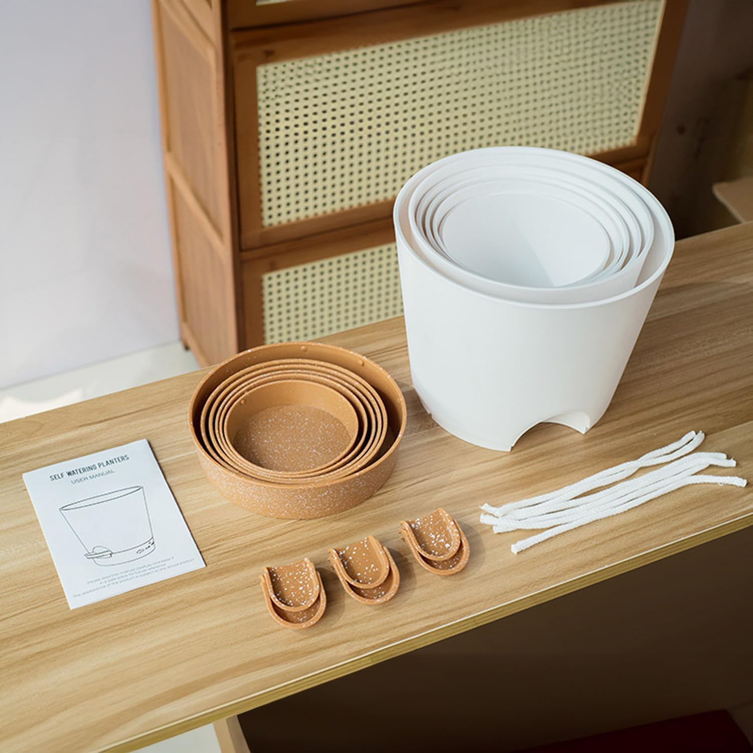 6 Pack Plant Pots, 8/7/6.5/6/5.5/5 Inch Self Watering Plant Pots with Drainage Holes and Saucers Modern Decorative Plastic Pots for All House Plants - White