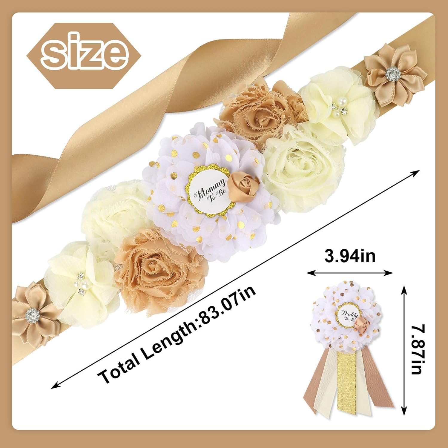 Rose Gold Maternity Sash Corsage Set &ndash; White and Champagne Floral Belly Band image number 2