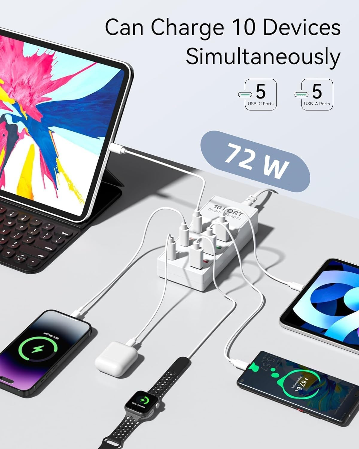 USB Charger Multiple, FOSION 72W USB C Fast Charging 10-Port Multi USB Power Supply Plug Cube, USB Charger Desktop Station Block for Iphone 15/1413,Galaxy S23,Smartphones,Tablets and Other USB Devices image number 2