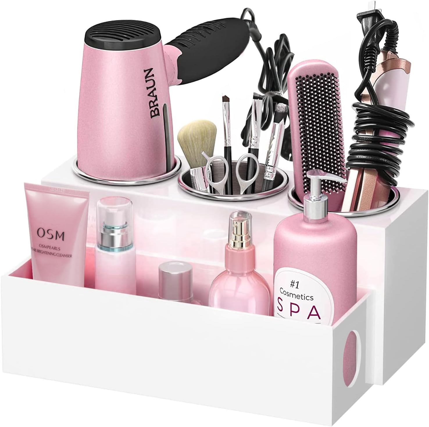 Hair Tool Organizer Acrylic Hair Dryer Bathroom Countertop Blow Dryer Holder Bathroom Trays Holders Organizers Vanity Caddy Storage for Makeup Toiletries White