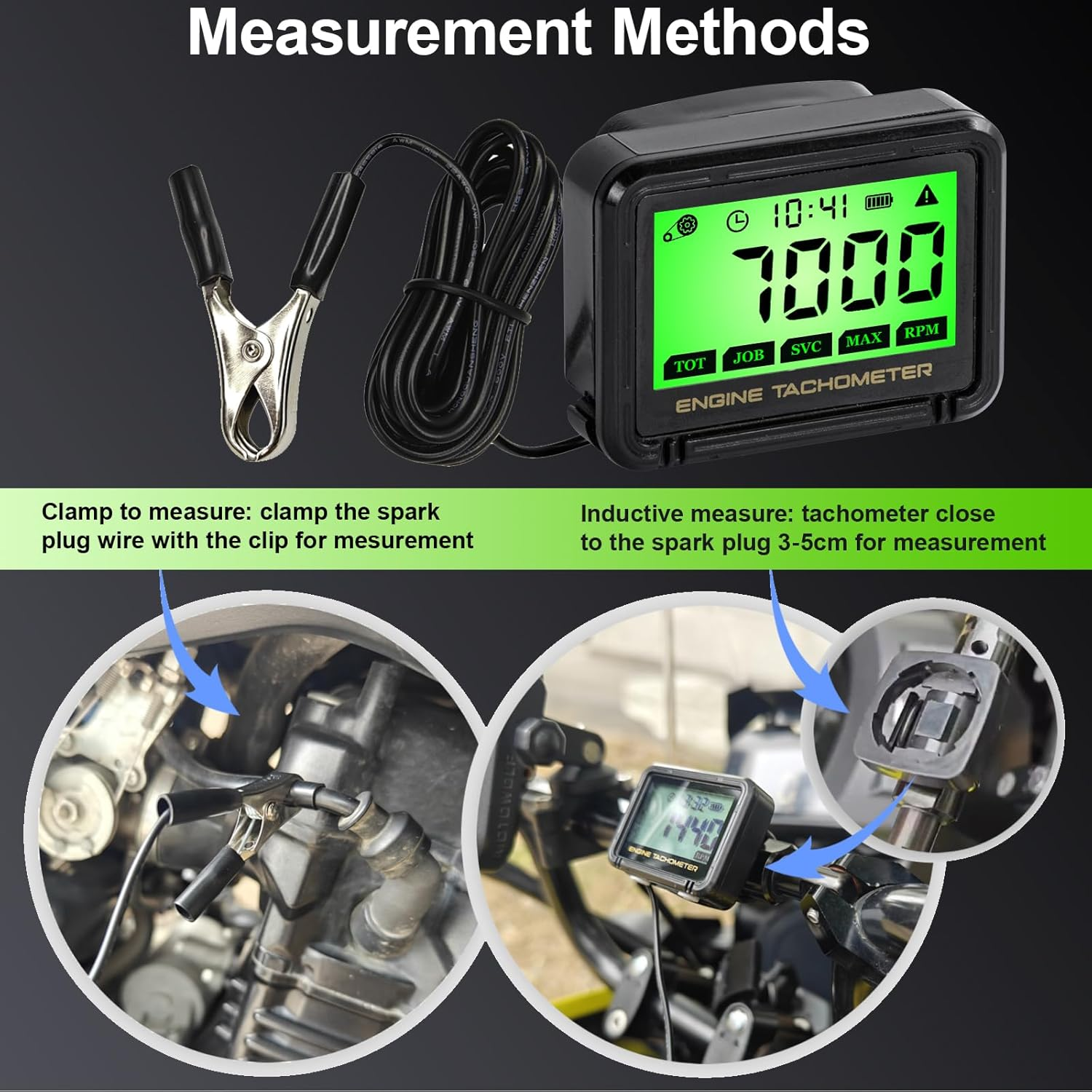 Ddayuanwei Small Engine Tachometer, Digital Tachometer Tach Gauge with Clip, Inductive Hour Meter Battery Replacement for Gas Small Engine Cropper Generator Lawn Mower RV Chainsaws Outboard Motor