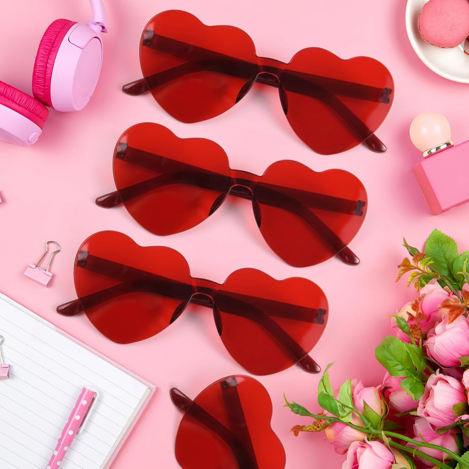 BOUBONI 14 Pack Heart Shaped Sunglasses for Women Rimless Heart Glasses Bulk Mardi Gras Candy Color Sunglasses for Party - Red image number 6