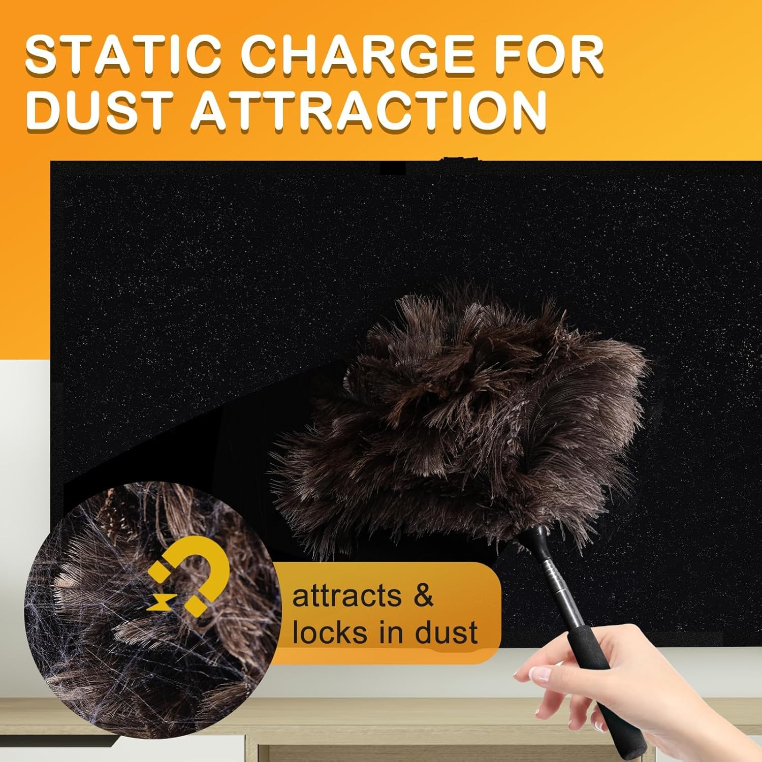 Ostrich Feather Duster with Telescoping Handle &ndash; Reusable, Extendable Dusting Tool for Home Cleaning &ndash; Ideal for Ceiling Fans, Pendant Lights, Blinds, Furniture & Electronics (17&rdquo;-47&rdquo;) 1Pcs image number 4