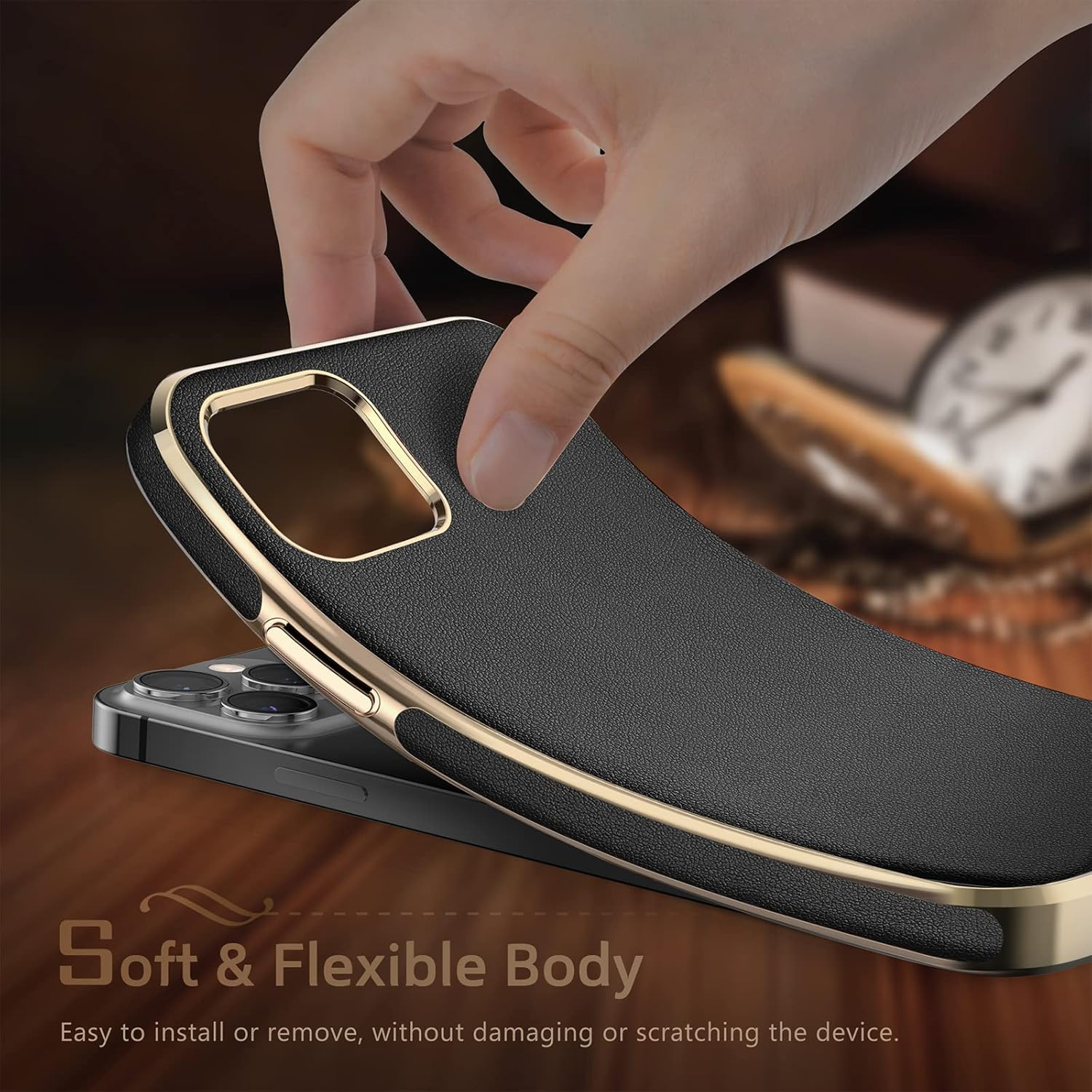 LOHASIC Designed for Iphone 13 Pro Leather Case, Luxury Business Classic Non Slip Soft Grip Full Body Protective Men Phone Cases Cover Compatible with Iphone 13 Pro 5G 6.1 Inch - Black Gold image number 2